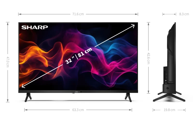 Egy 32-es Sharp TV színes fályakkal és méretekkel.