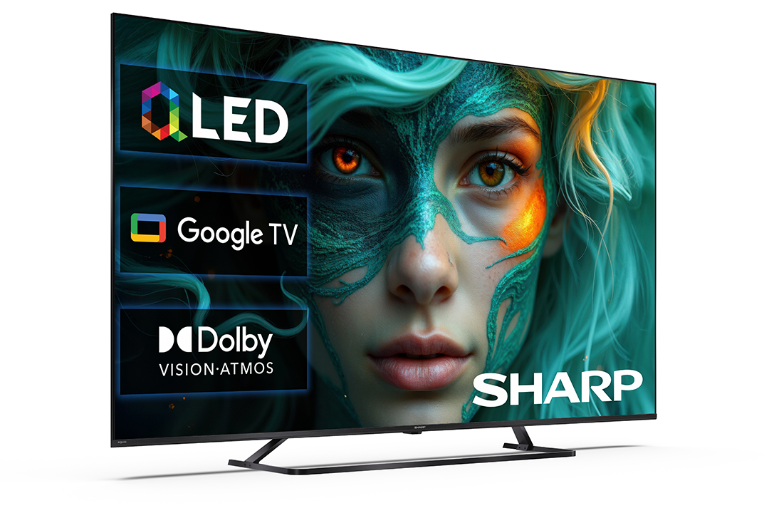 Egy Sharp QLED Google TV Dolby Vision Atmos-szal türkiz hajú arcot jelenít meg.