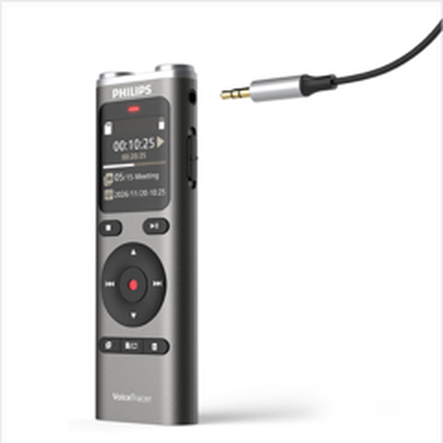 Gray Philips VoiceTracer with headphone plug and cable.