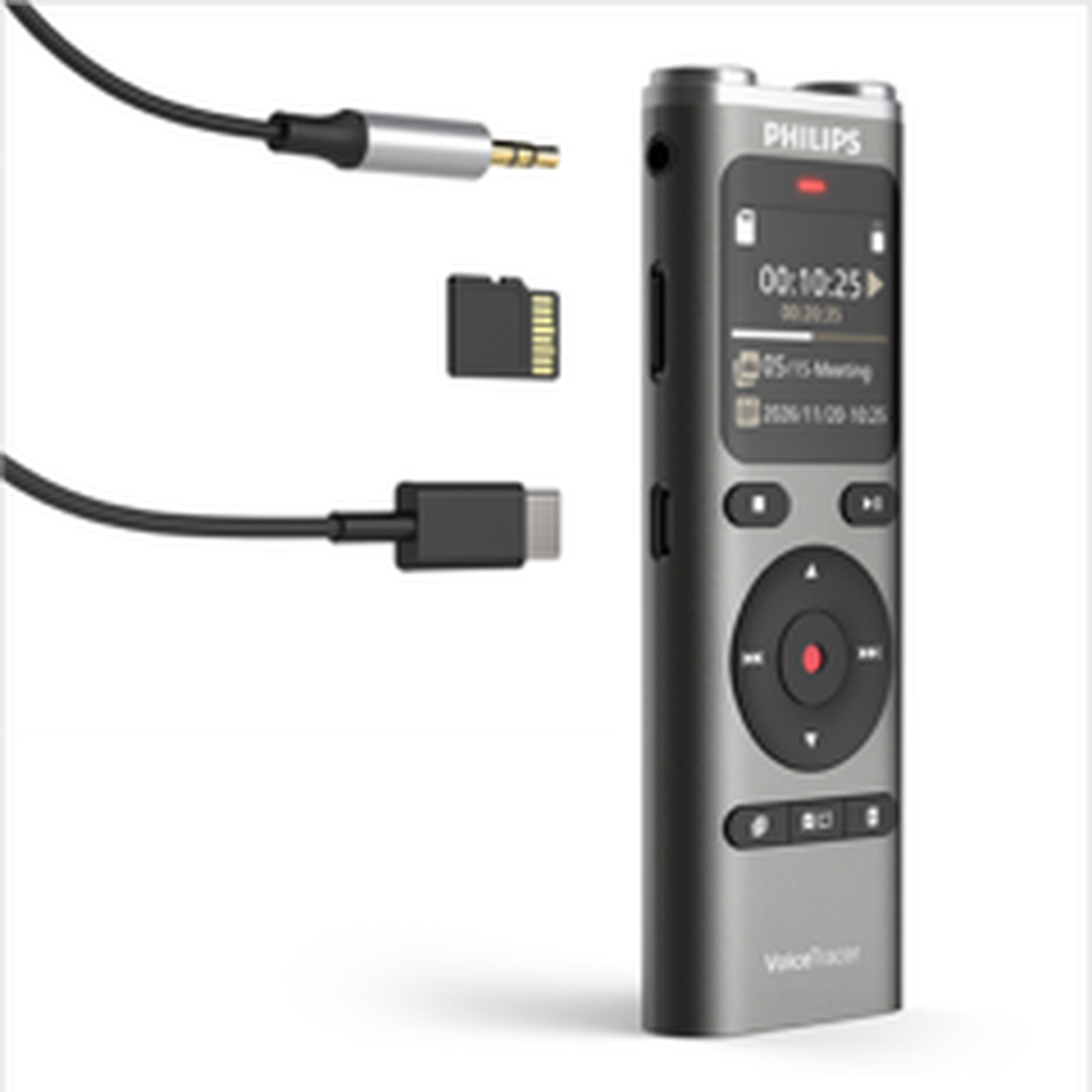 Gray Philips VoiceTracer with cables and memory card.