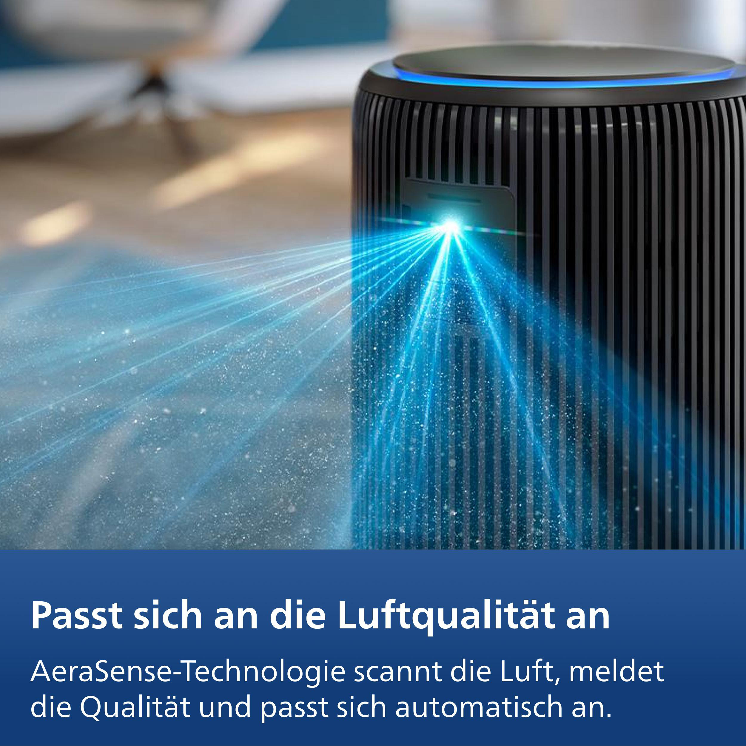 Ein schwarzer Luftreiniger mit blauen Lichtstrahlen, die Luft reinigen.