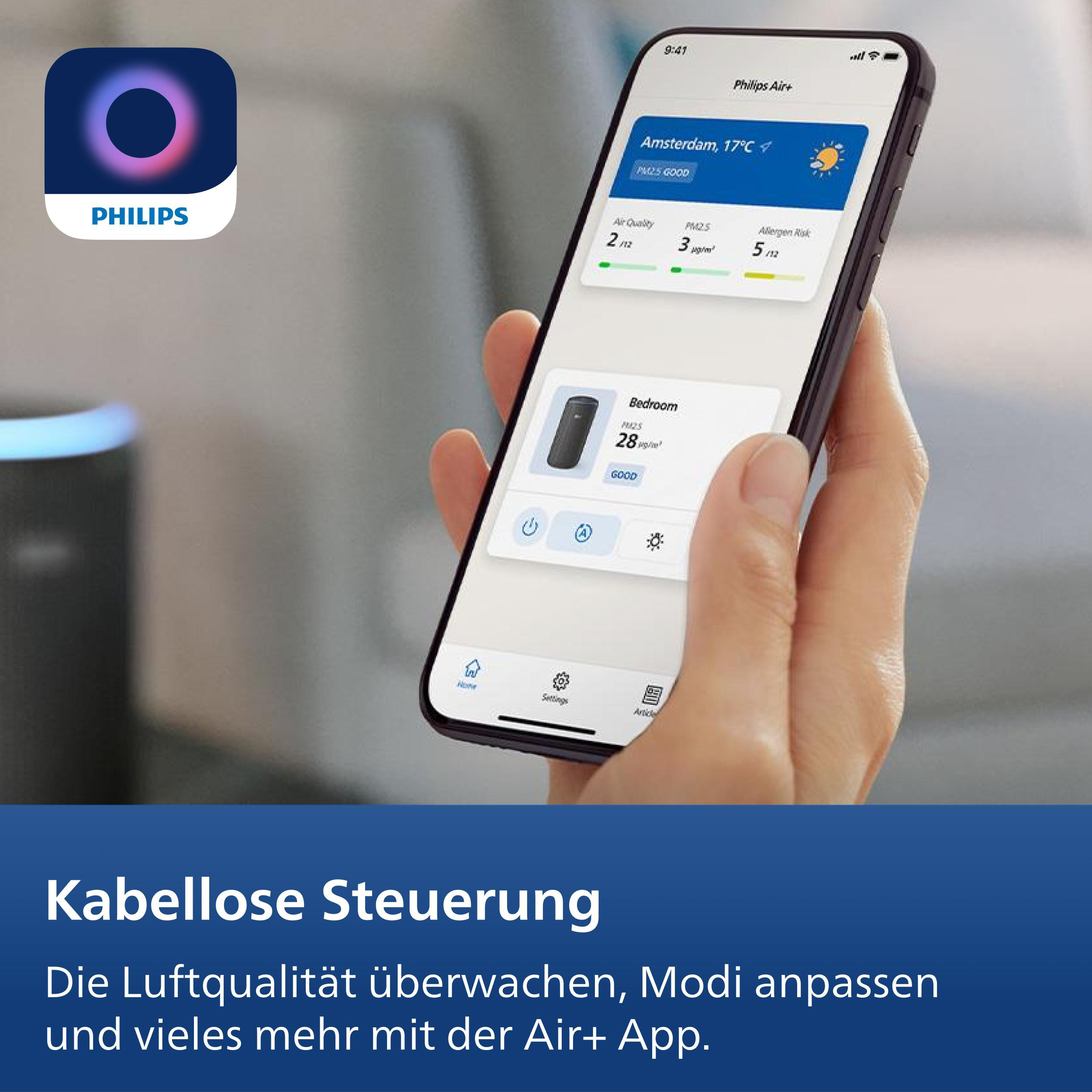 Philips Air+ App zeigt Luftqualität und Wetterdaten auf einem Smartphone.