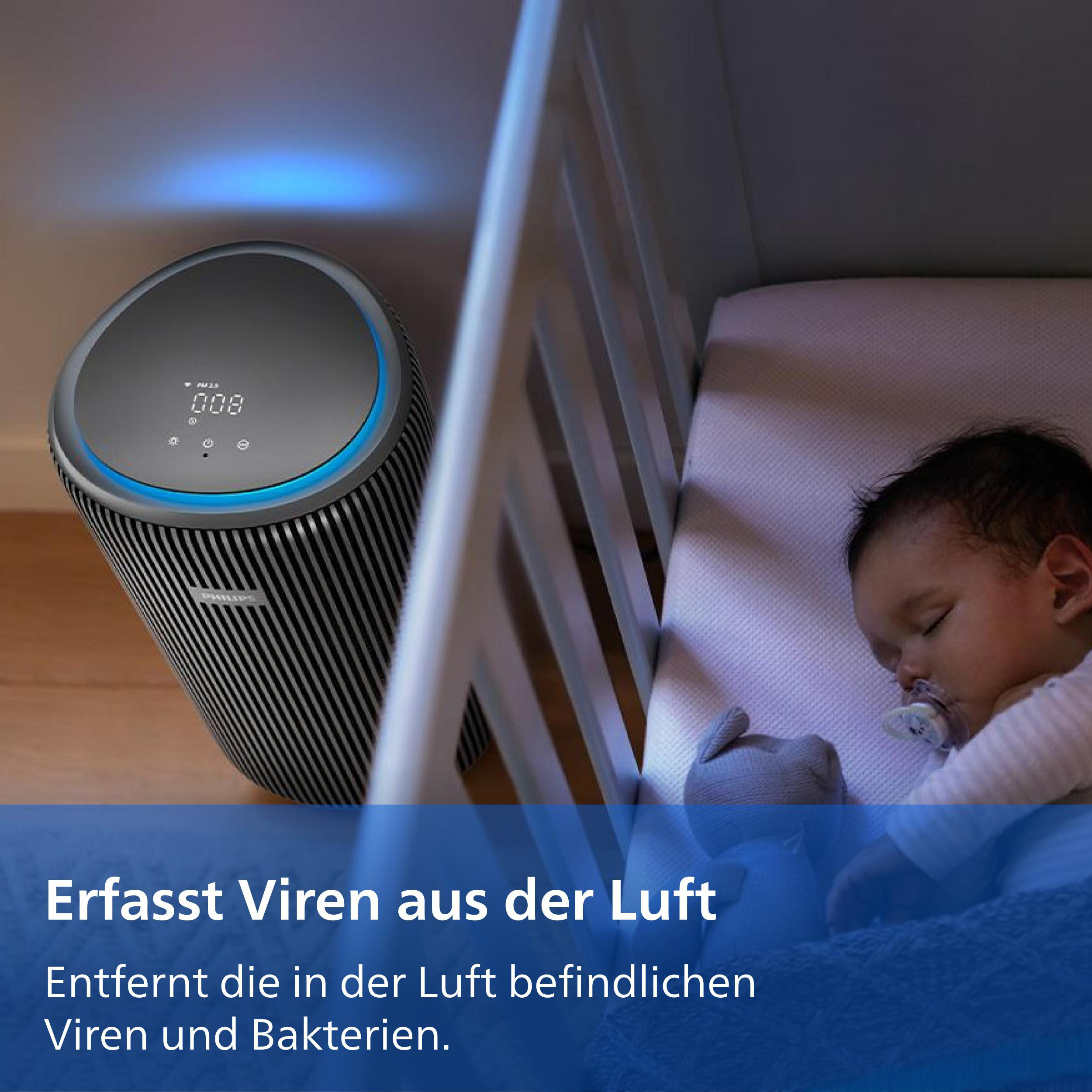 Ein Luftreiniger steht neben einem Baby im Kinderbett, mit blauer Beleuchtung.