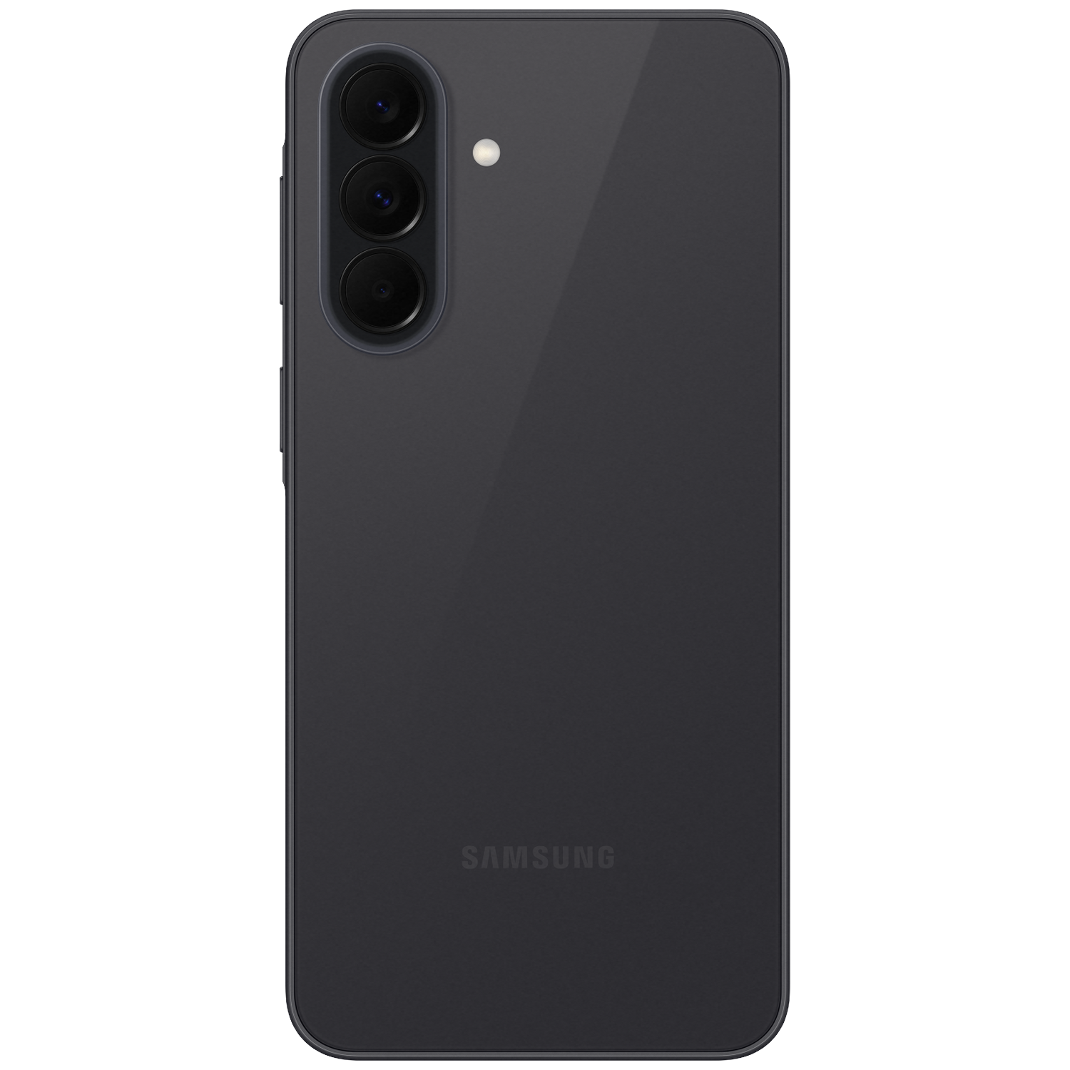 Rear view of a dark Samsung smartphone with three camera lenses and a flash.