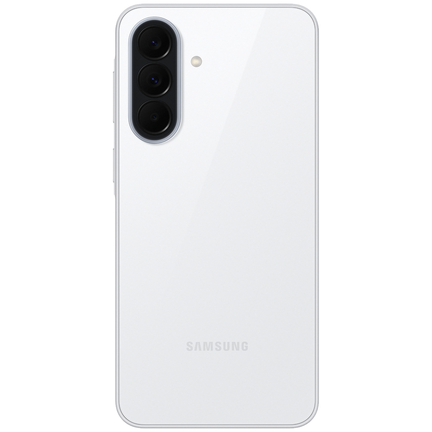 Back of a white Samsung smartphone with three camera lenses and a flash.