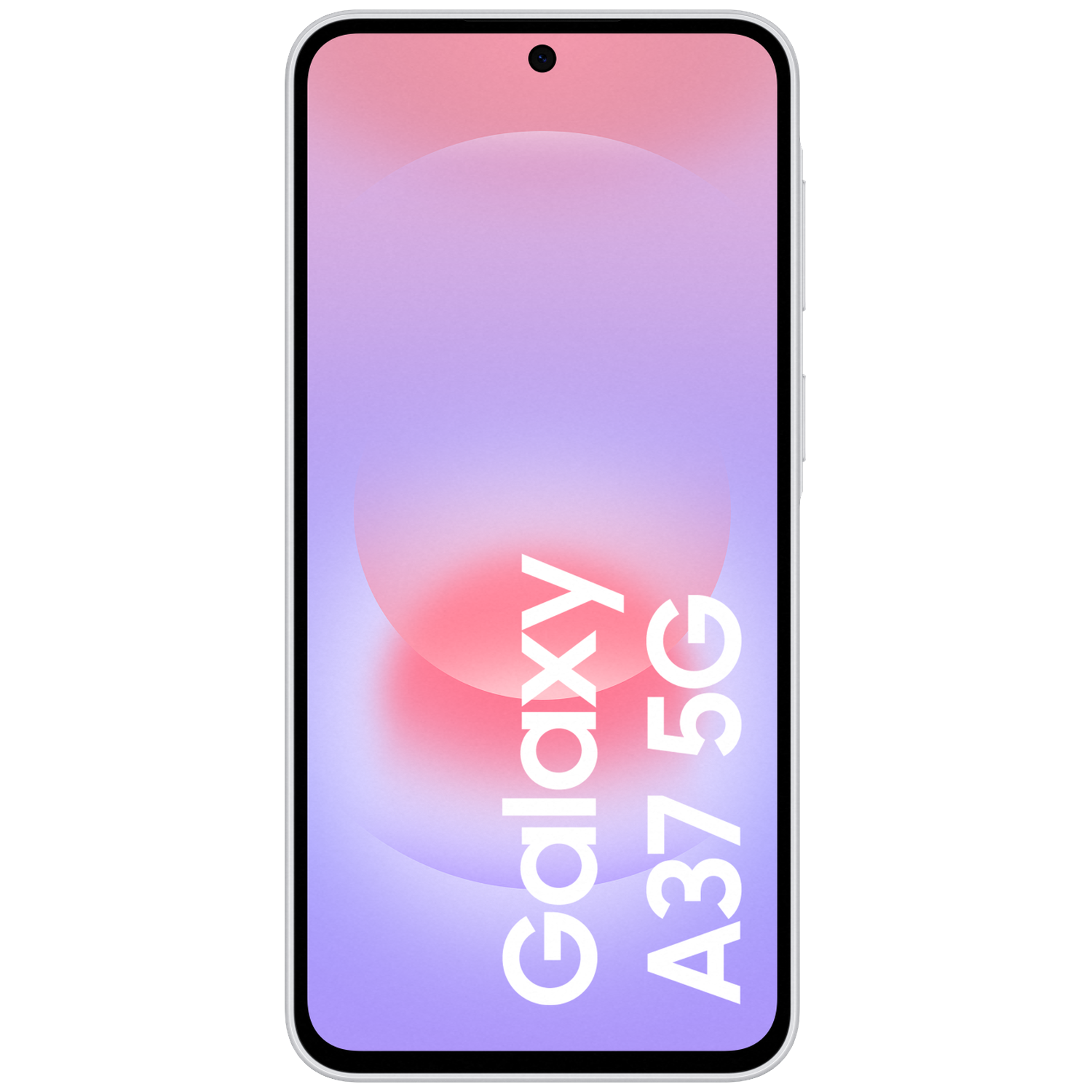 A white smartphone with a purple and pink background.