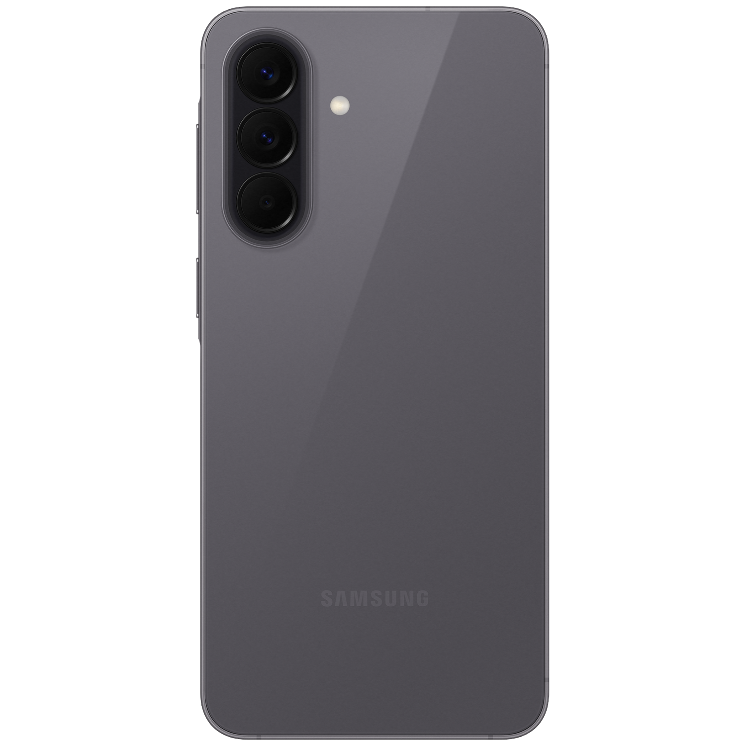 Back of a gray Samsung smartphone with three cameras and a flash.