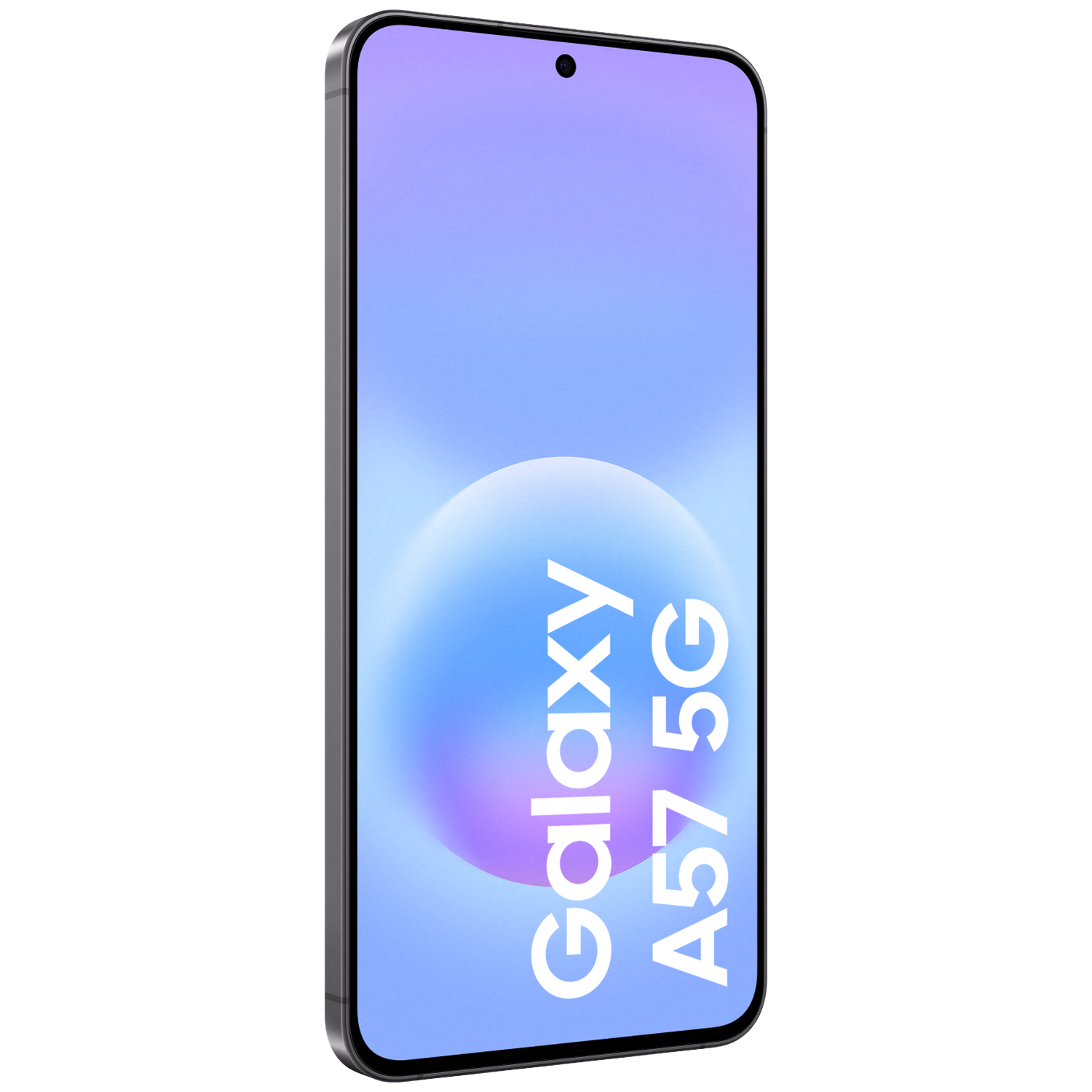 A modern smartphone with a silver frame and a purple-blue background.
