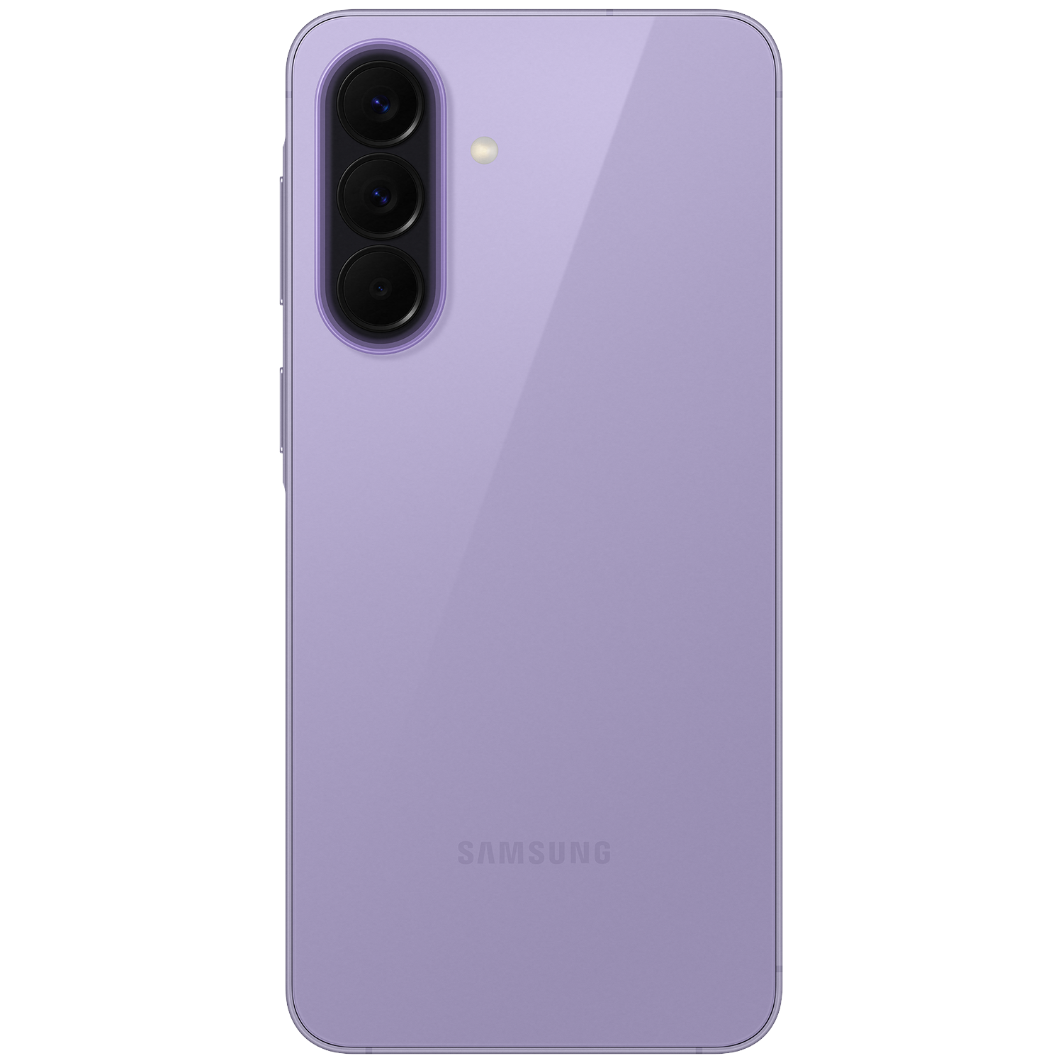 A purple smartphone with three cameras and a flash on a black background.