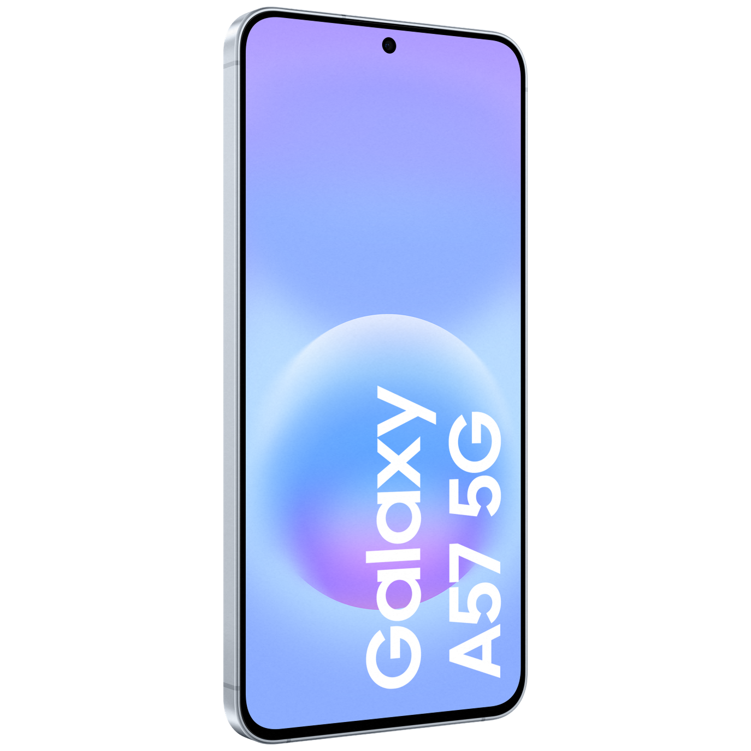 A silver smartphone with 'Galaxy A57 5G' text on its screen.