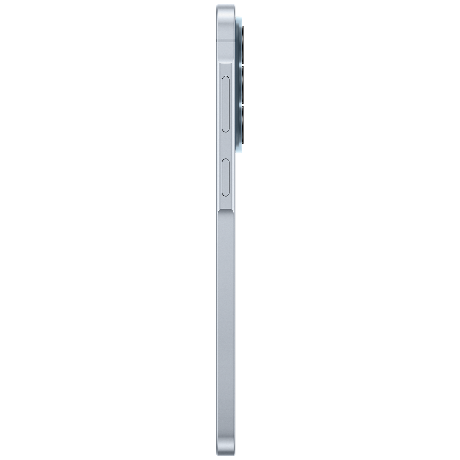 Side view of a slim, silver smartphone showing buttons and camera lens on the edge.