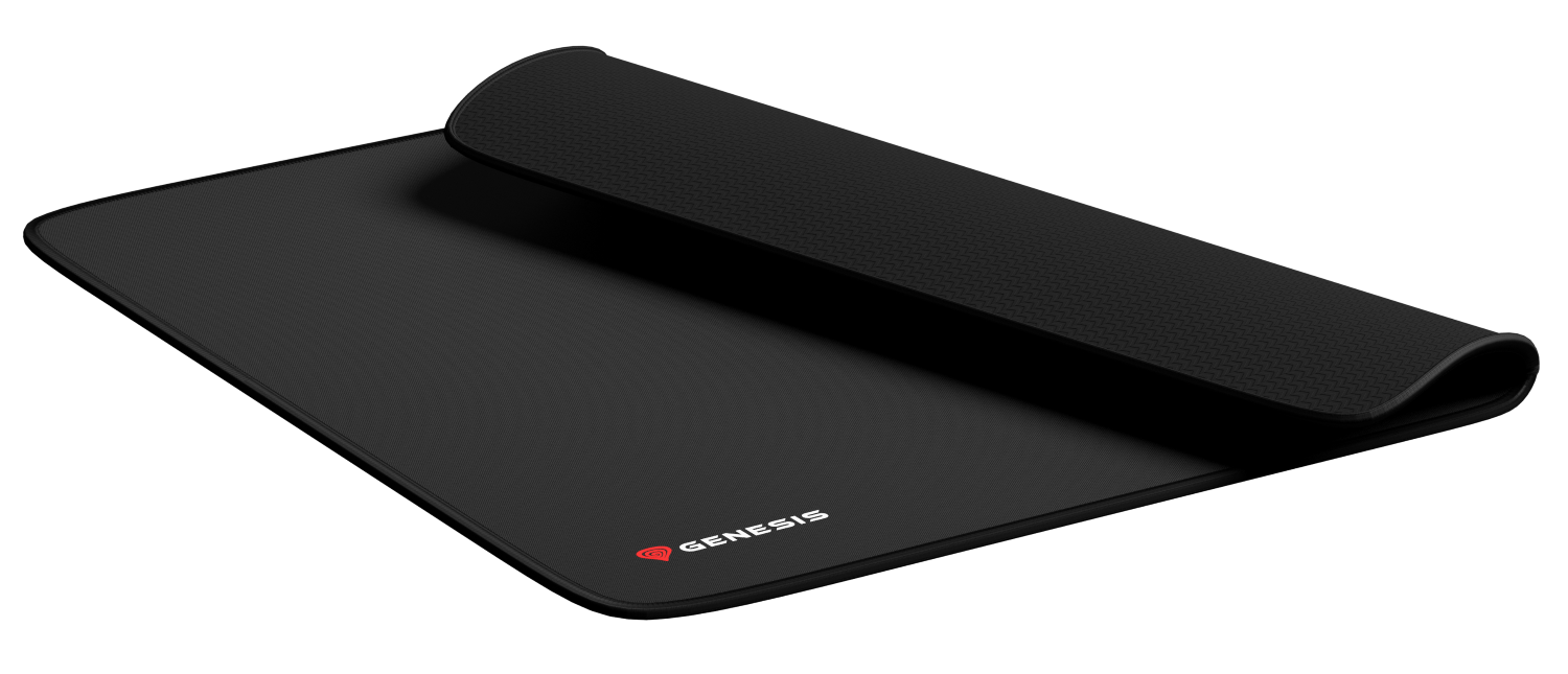 Czarna podkładka pod mysz z czerwonym logo Genesis, częściowo zwinięta.