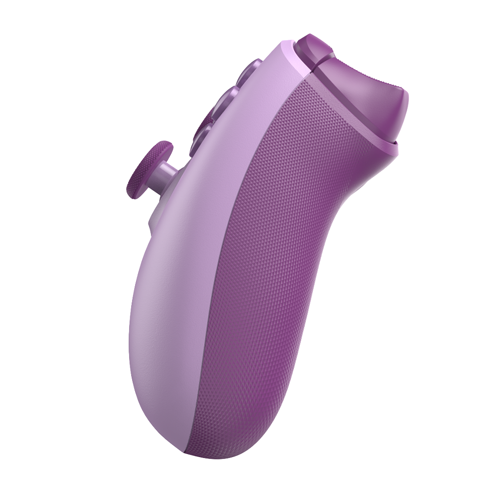 Lila Gamecontroller mit texturierten Griffen und Knöpfen.