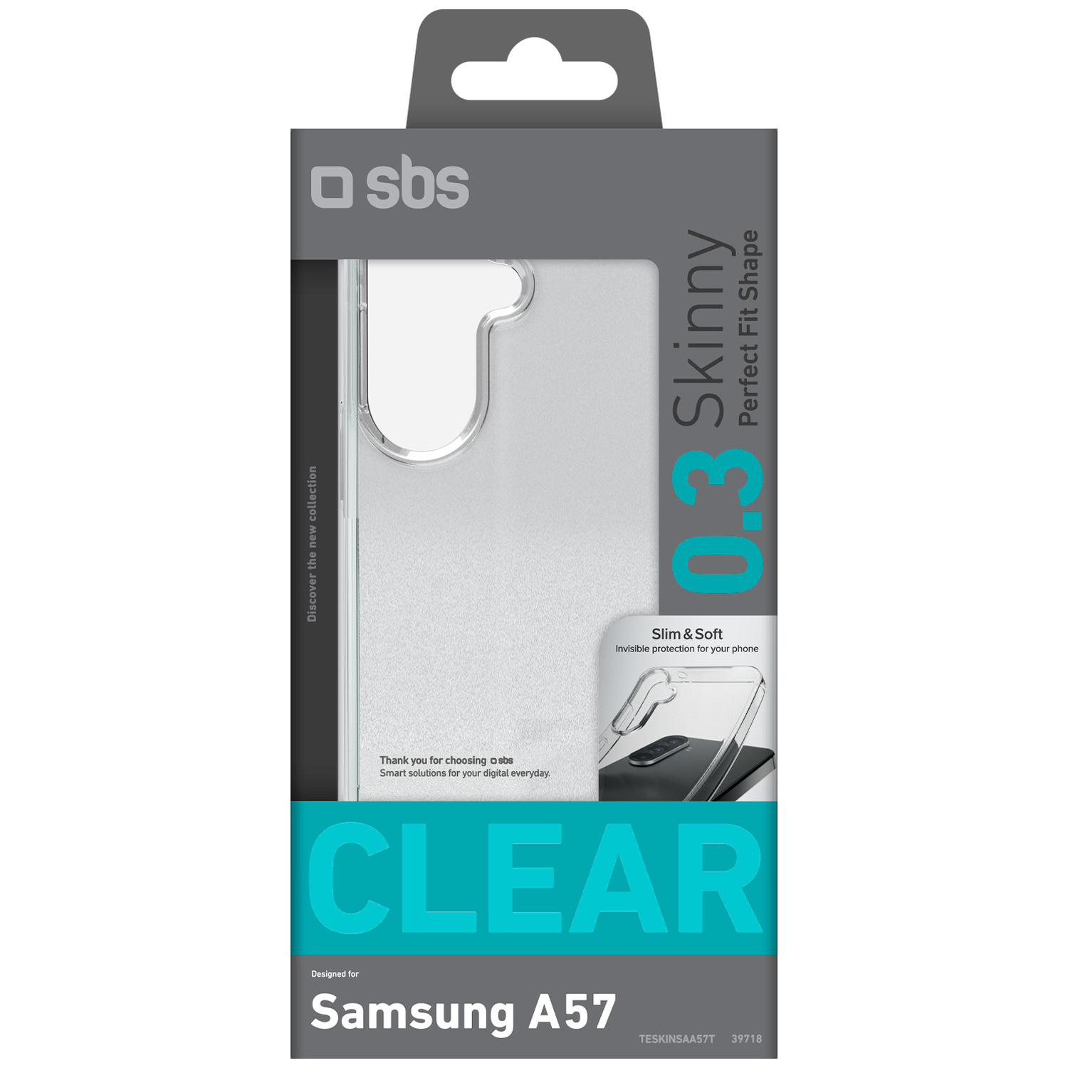 Verpakking voor een doorzichtige Samsung A57 telefoonhoes van SBS.