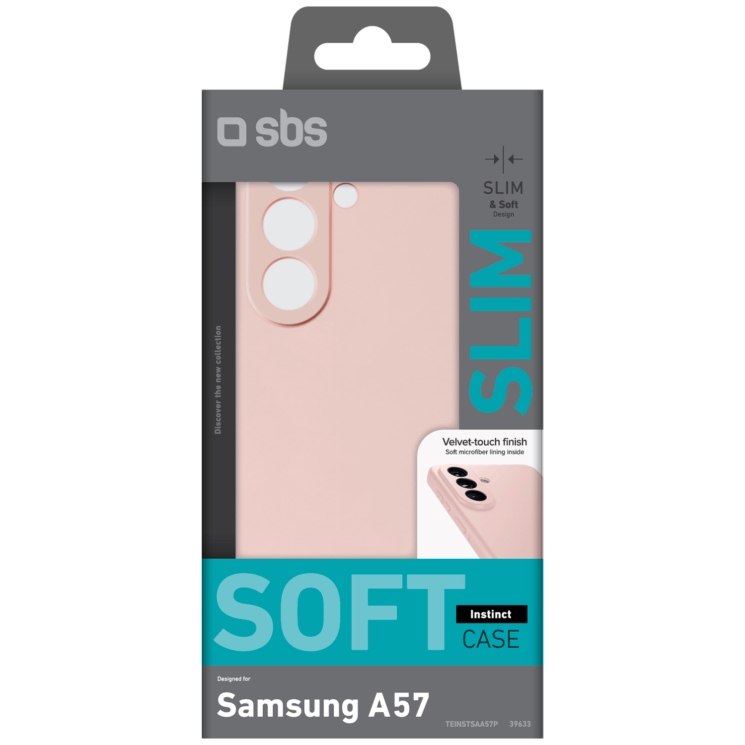 Verpakking voor een roze Samsung A57 telefoonhoes met 'SLIM & Soft Design' tekst.