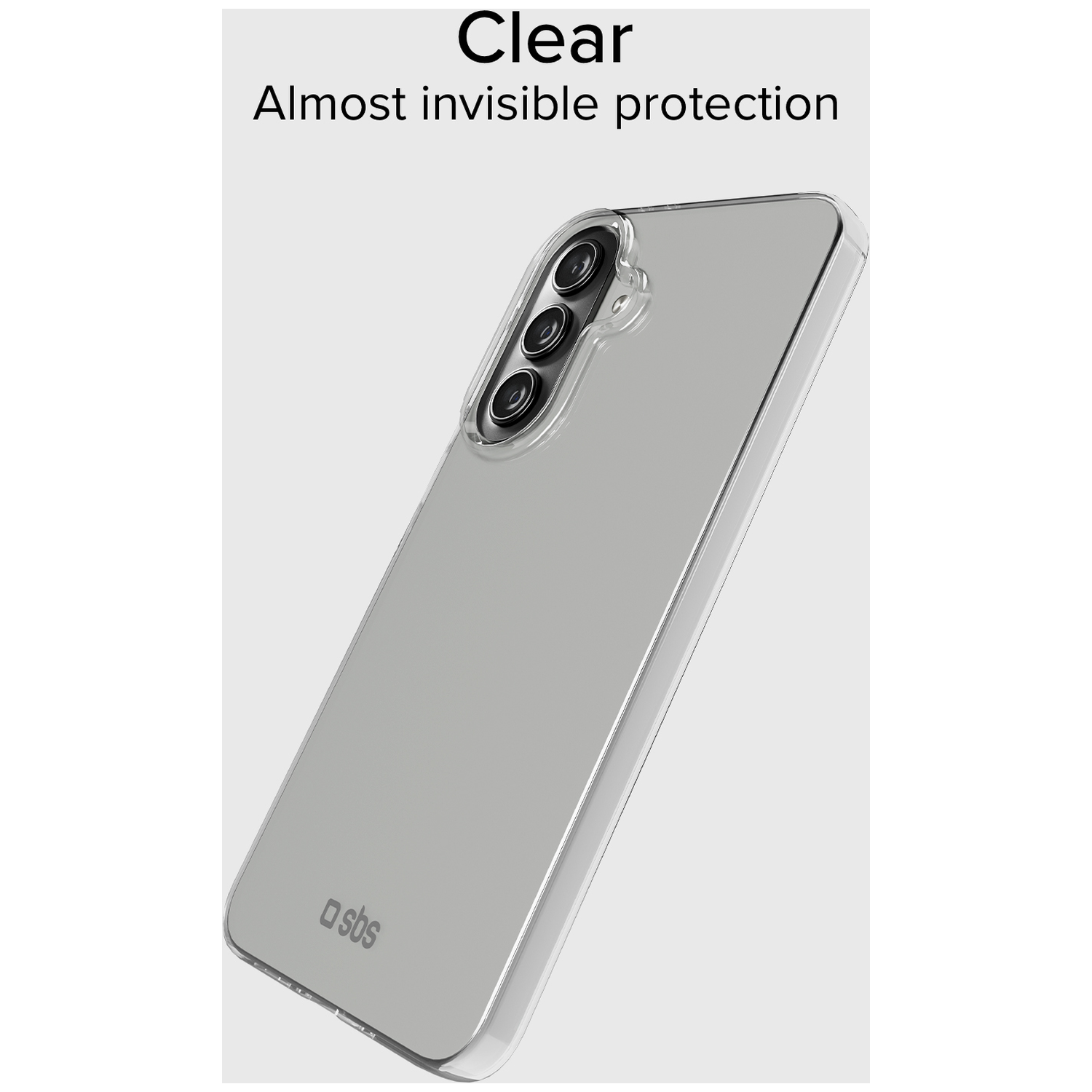 Een doorzichtige telefoonhoes met drie camera's aan de achterkant.