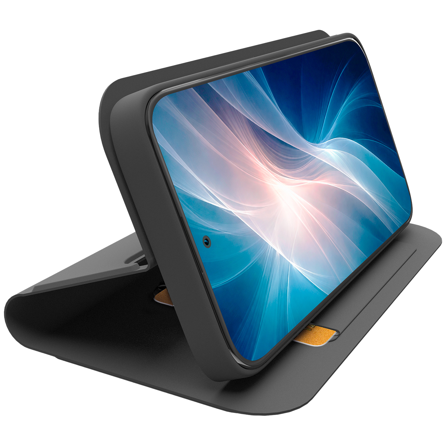 Een smartphone in een donkere hoes met een abstracte achtergrond op het scherm.