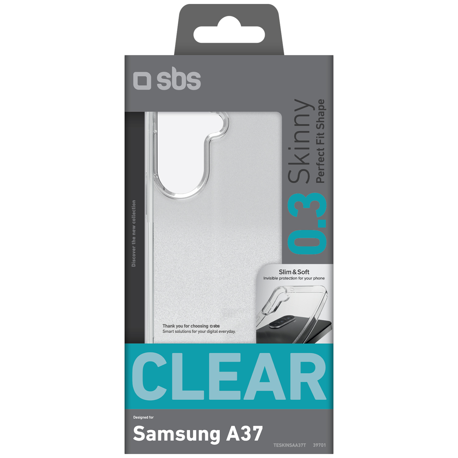 Verpakking voor doorzichtige telefoonhoes voor Samsung A37, 'Skinny'-stijl.