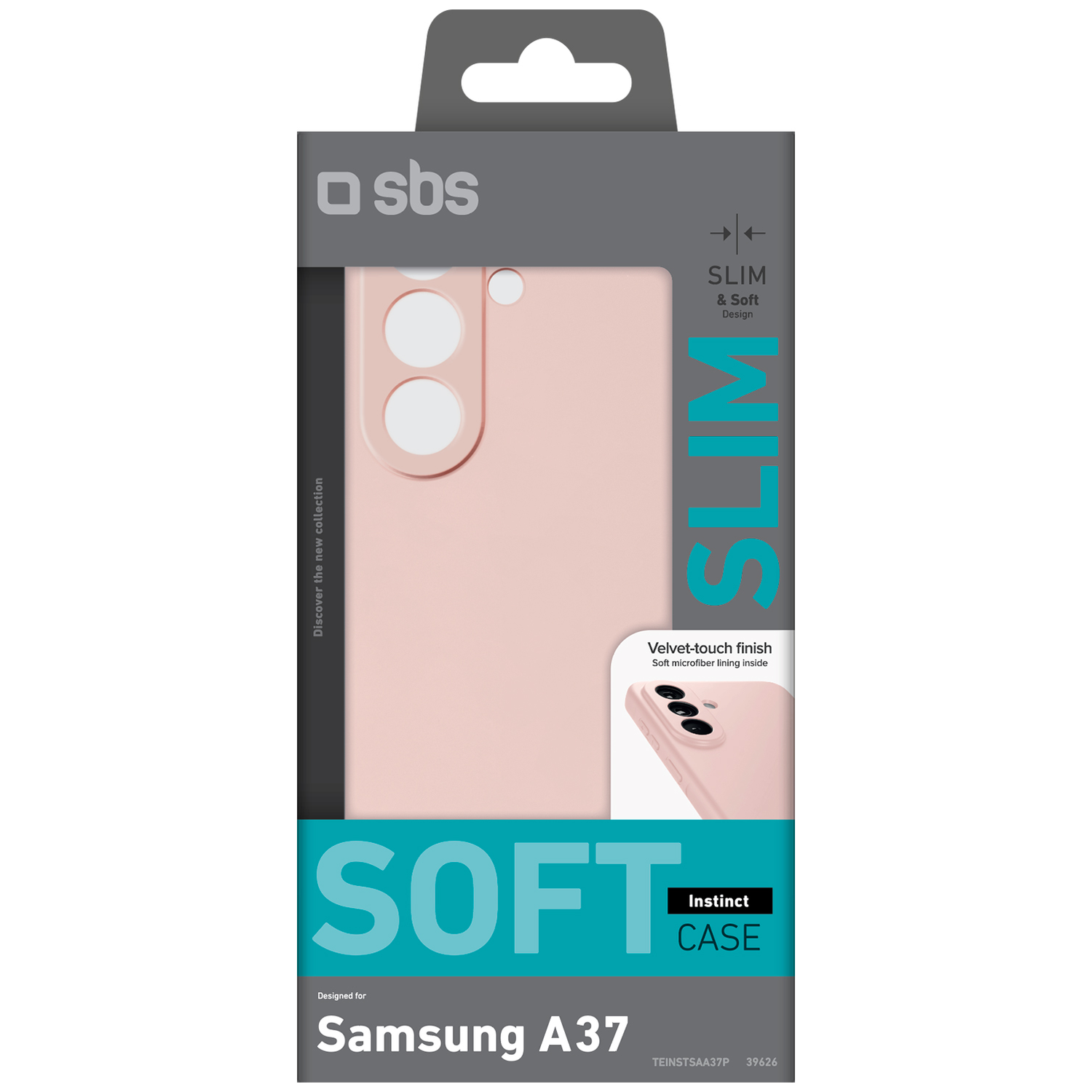 Emballage d'une coque rose pour Samsung A37 avec "SLIM & Soft Design".