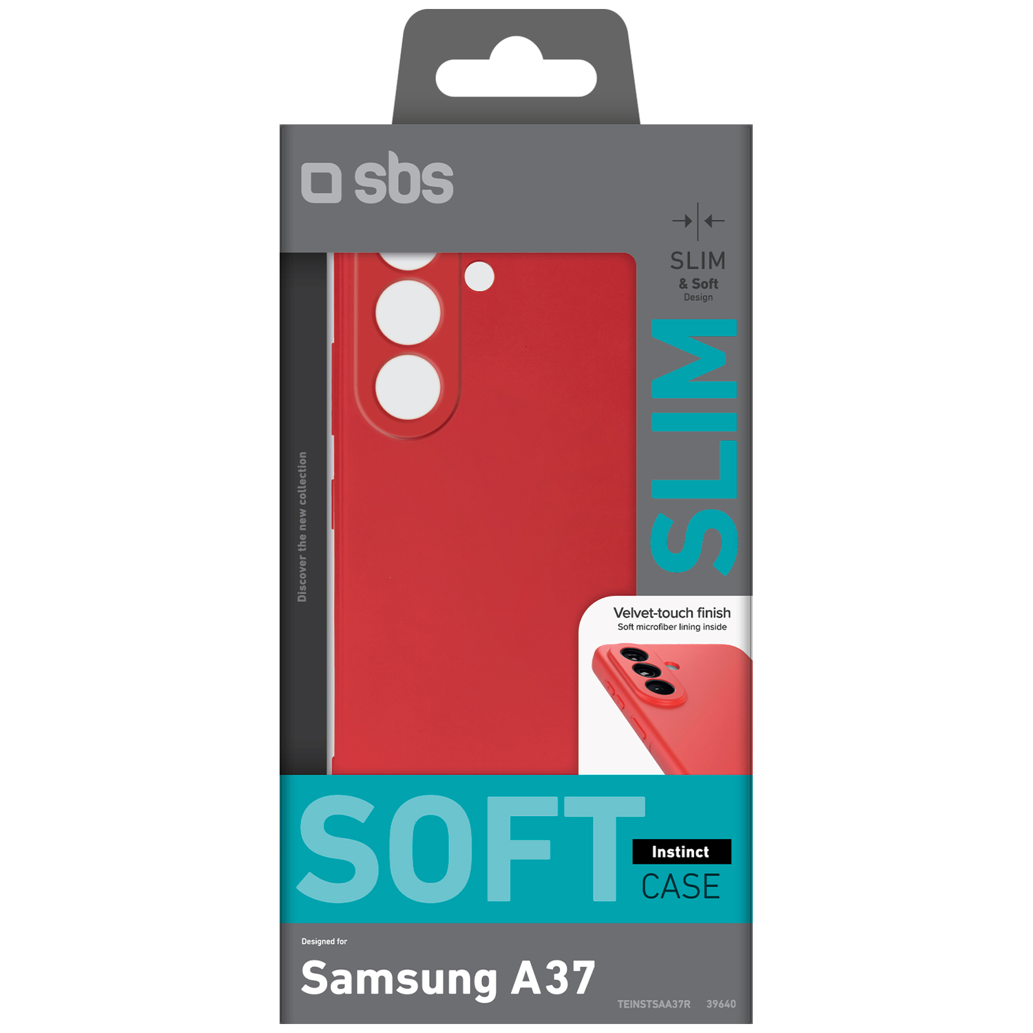 Red Samsung A37 phone case packaging with 'SLIM & Soft Design' and 'Instinct CASE' text.