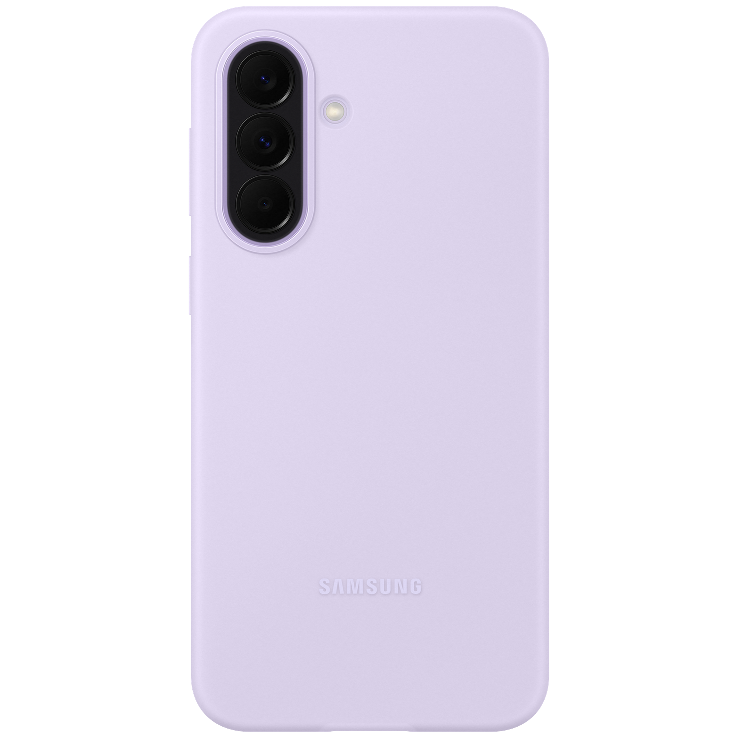 Een lavendelkleurige Samsung telefoonhoes met drie cameralenzen en flitser.