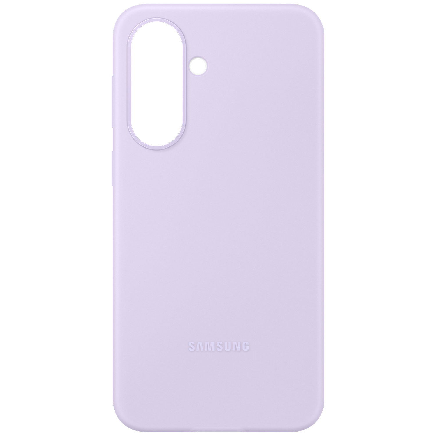 Een lavendelkleurige Samsung telefoonhoes met cameragat en logo.