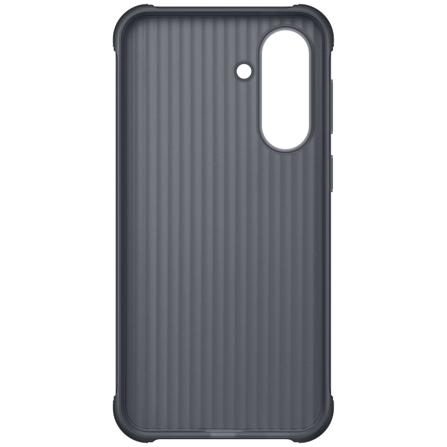 Dark gray phone case with vertical ridges and camera cutout.