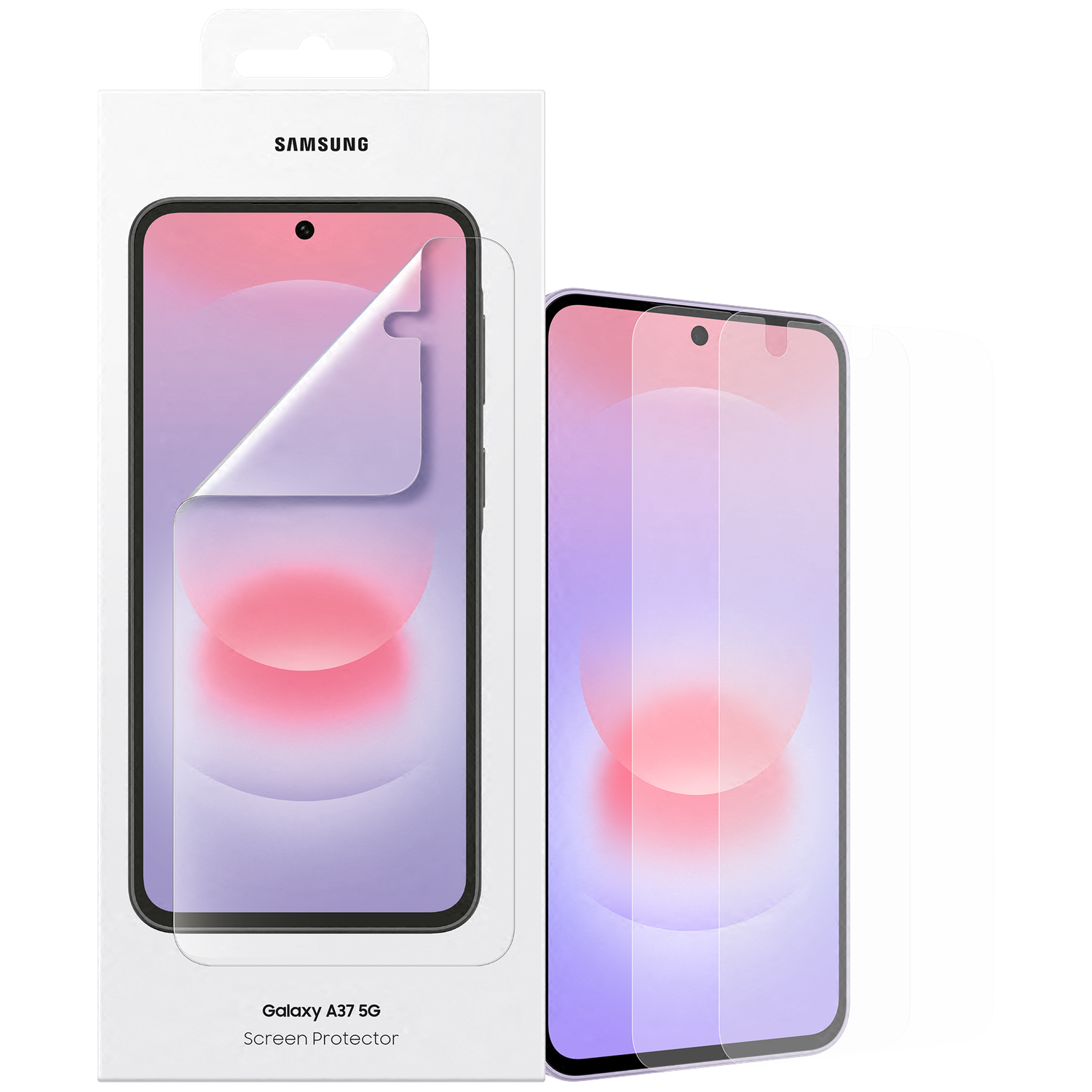 Samsung Galaxy A37 5G screenprotector in verpakking en ernaast.