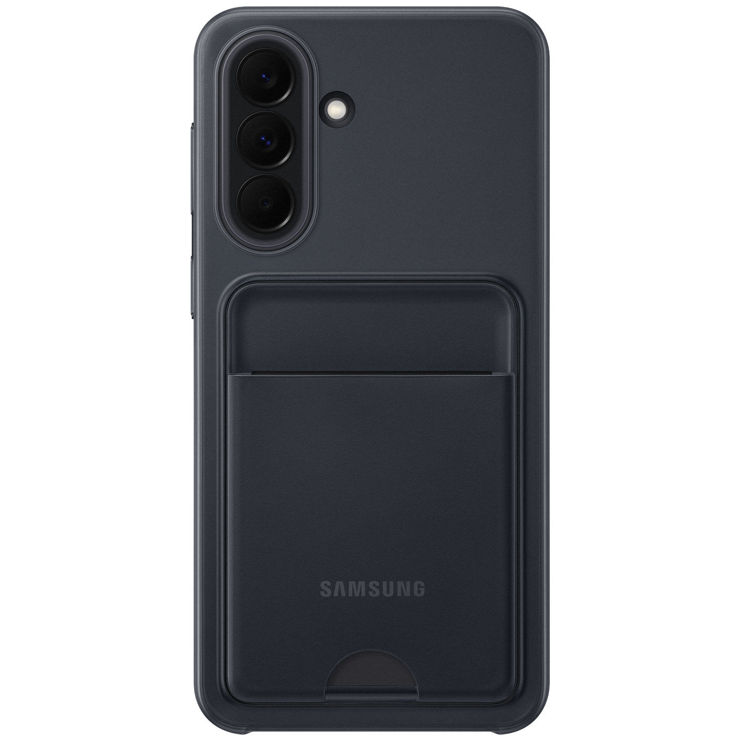 Coque de téléphone gris foncé avec trois objectifs de caméra et un porte-cartes.