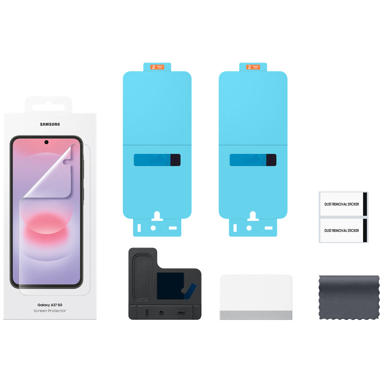 Samsung Galaxy A37 5G screenprotector met accessoires.