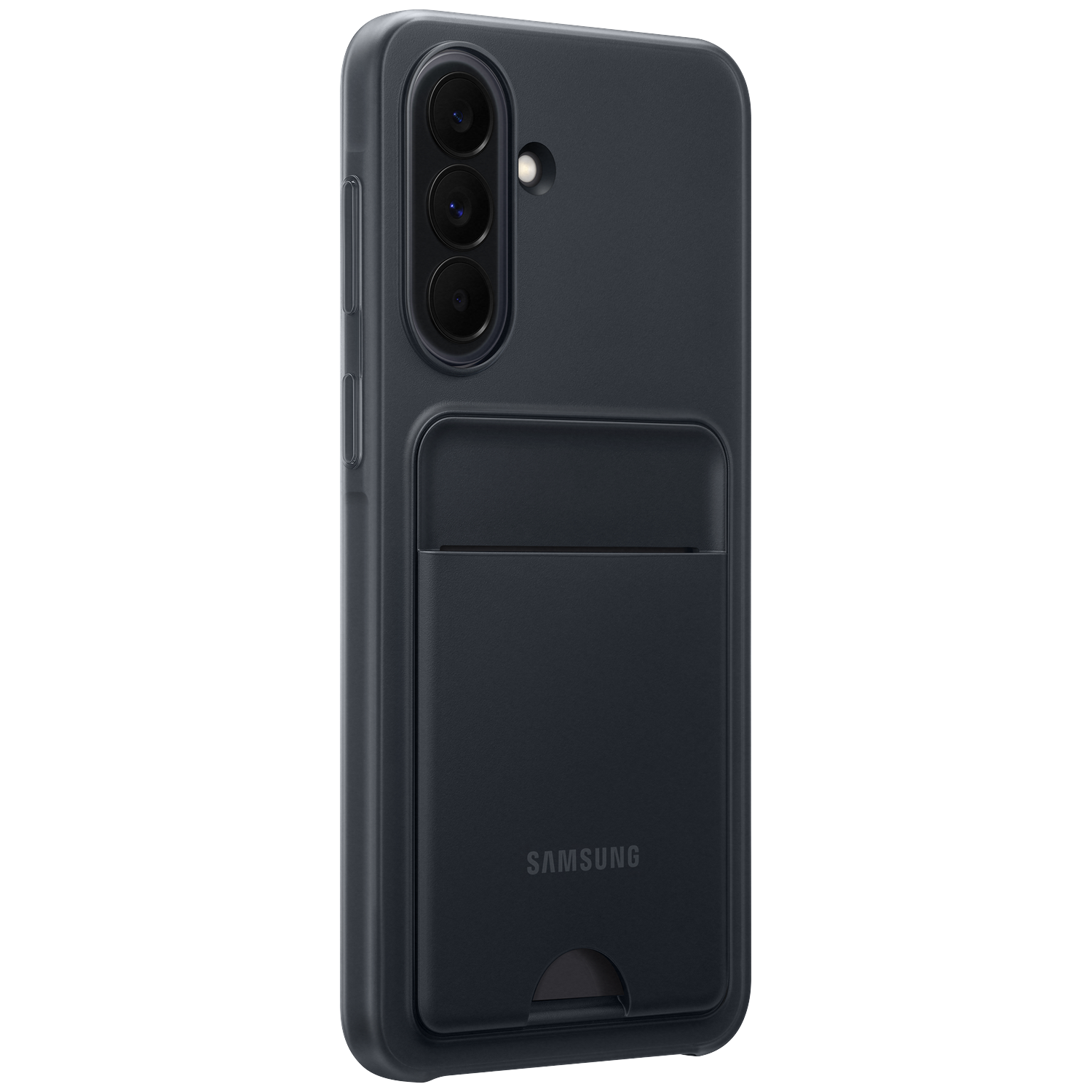 Coque de téléphone gris foncé avec fente pour carte et trois objectifs.