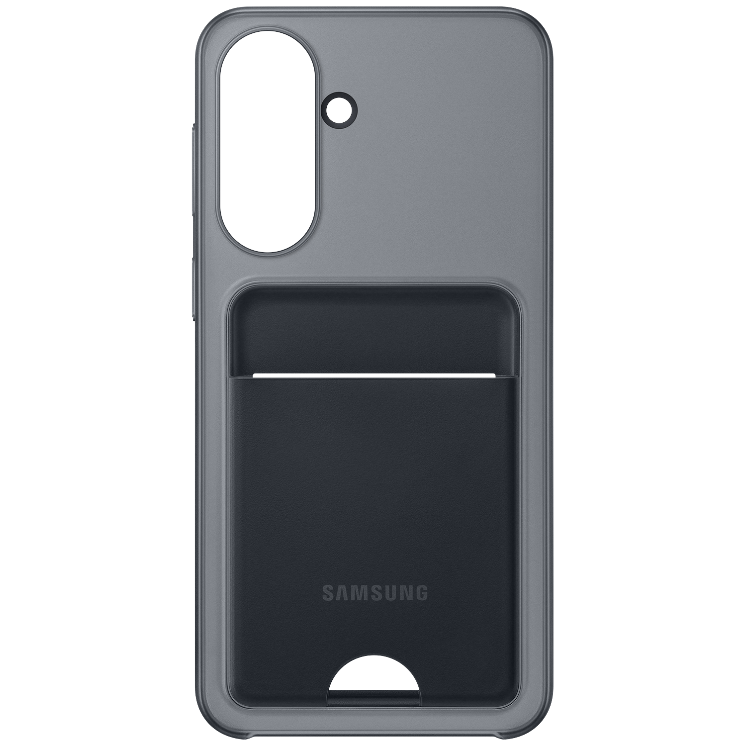 Coque de téléphone grise avec fente pour carte et logo Samsung.