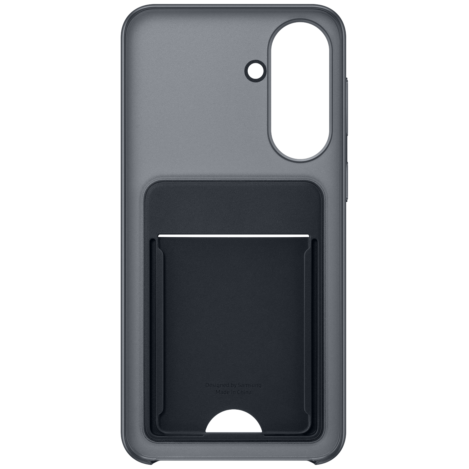Coque de téléphone grise avec porte-cartes et découpe caméra.