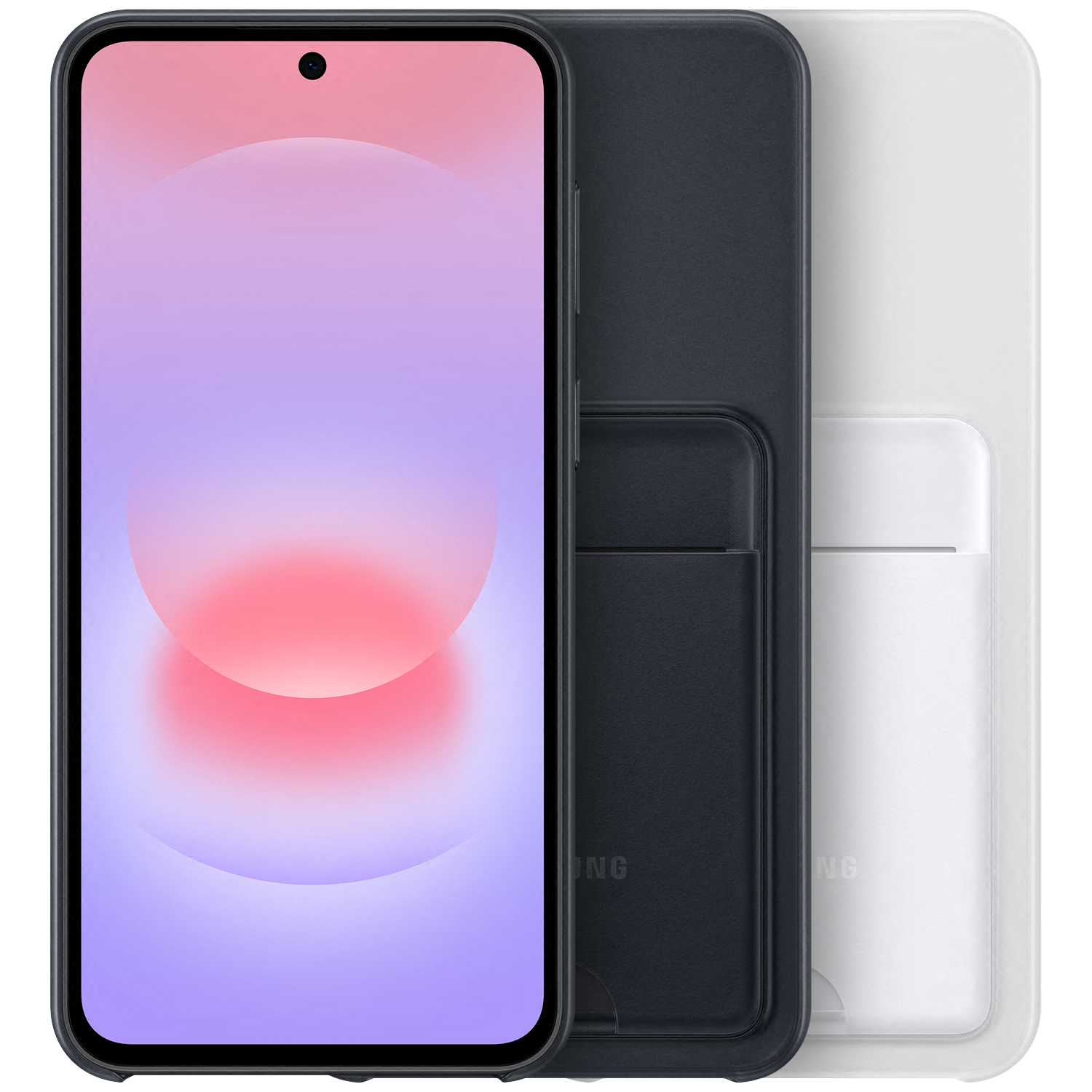 Un smartphone avec écran dégradé violet et rouge à côté d'étuis noirs et blancs.