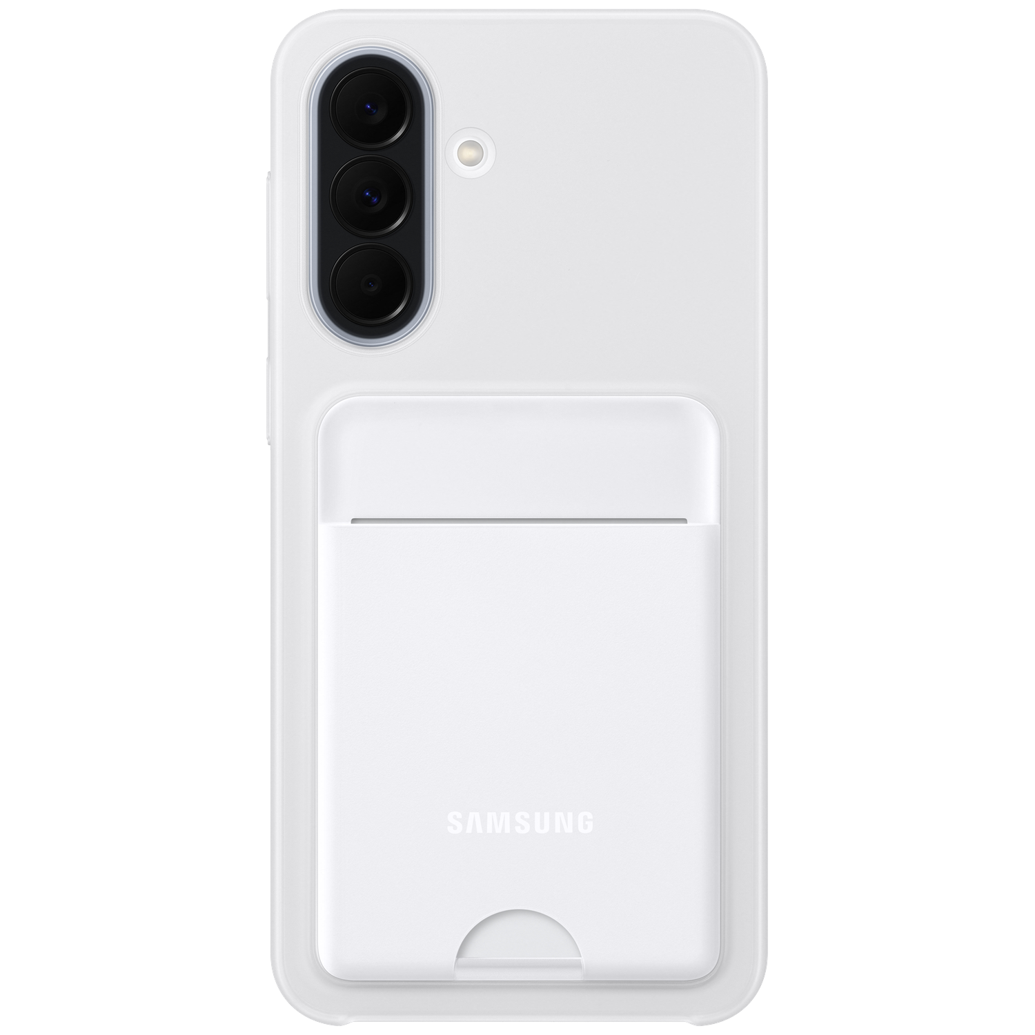 Wit telefoonhoesje met drie camera's en een achtervak.