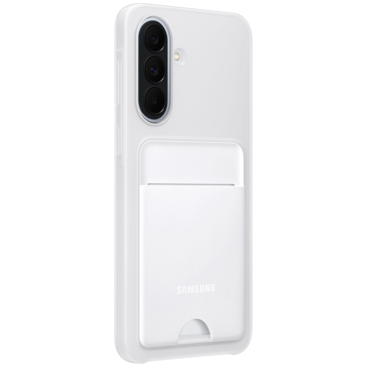 Een witte Samsung telefoon met drie camera's en een kaarthouder.