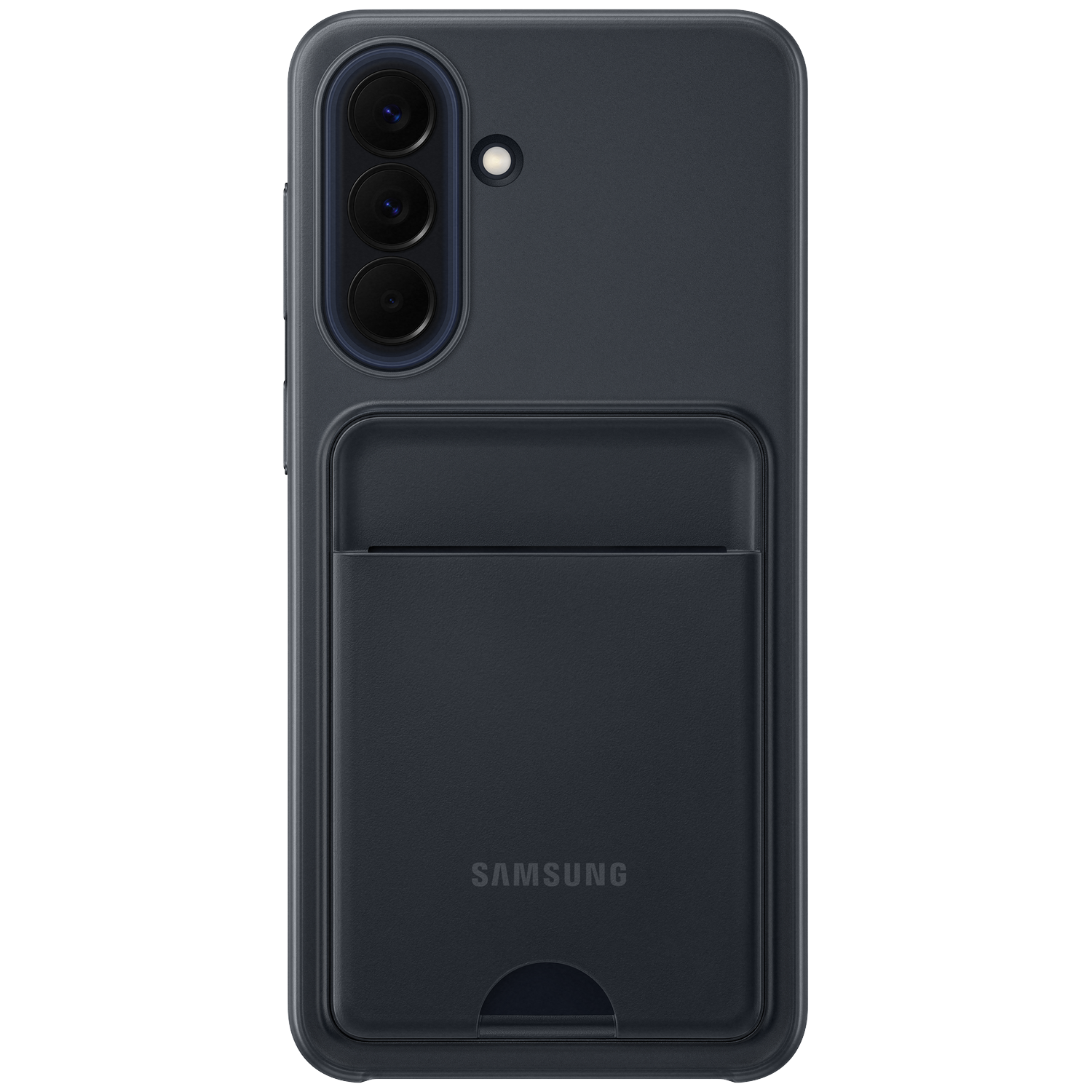 Coque de téléphone gris foncé avec fente pour carte et découpe triple caméra.