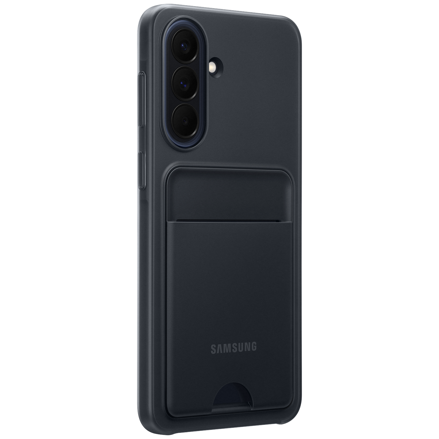 Coque de téléphone gris foncé avec fente pour carte et trois objectifs.