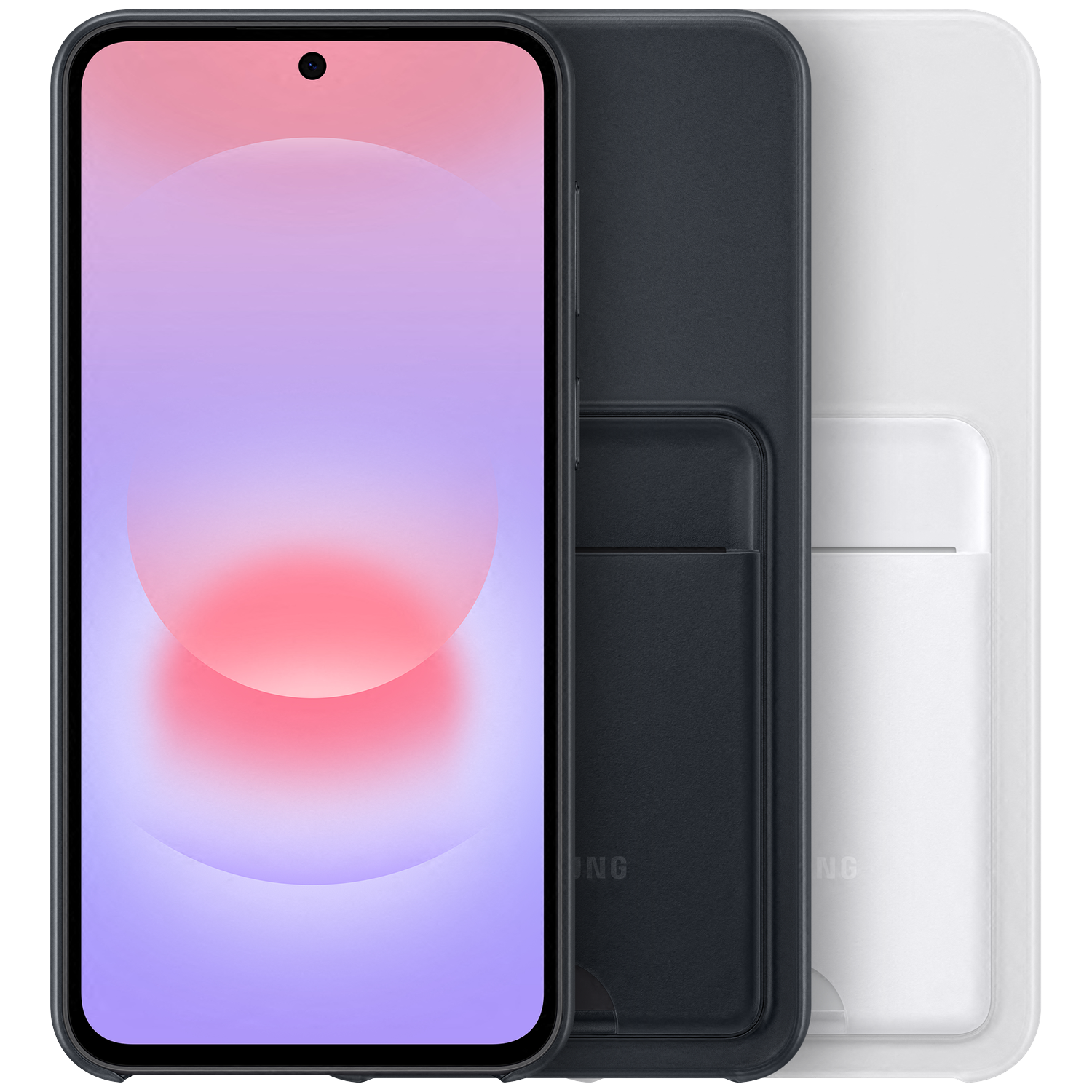 Een smartphone met een paars-roze achtergrond, ernaast een donkere en een witte hoes.
