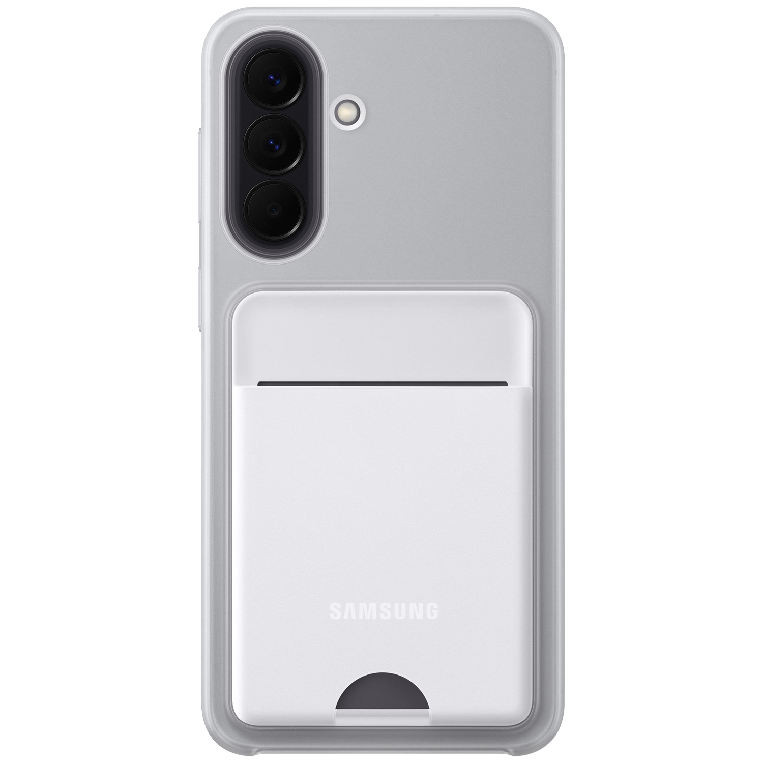 Une coque de téléphone grise avec trois caméras et un porte-cartes blanc.