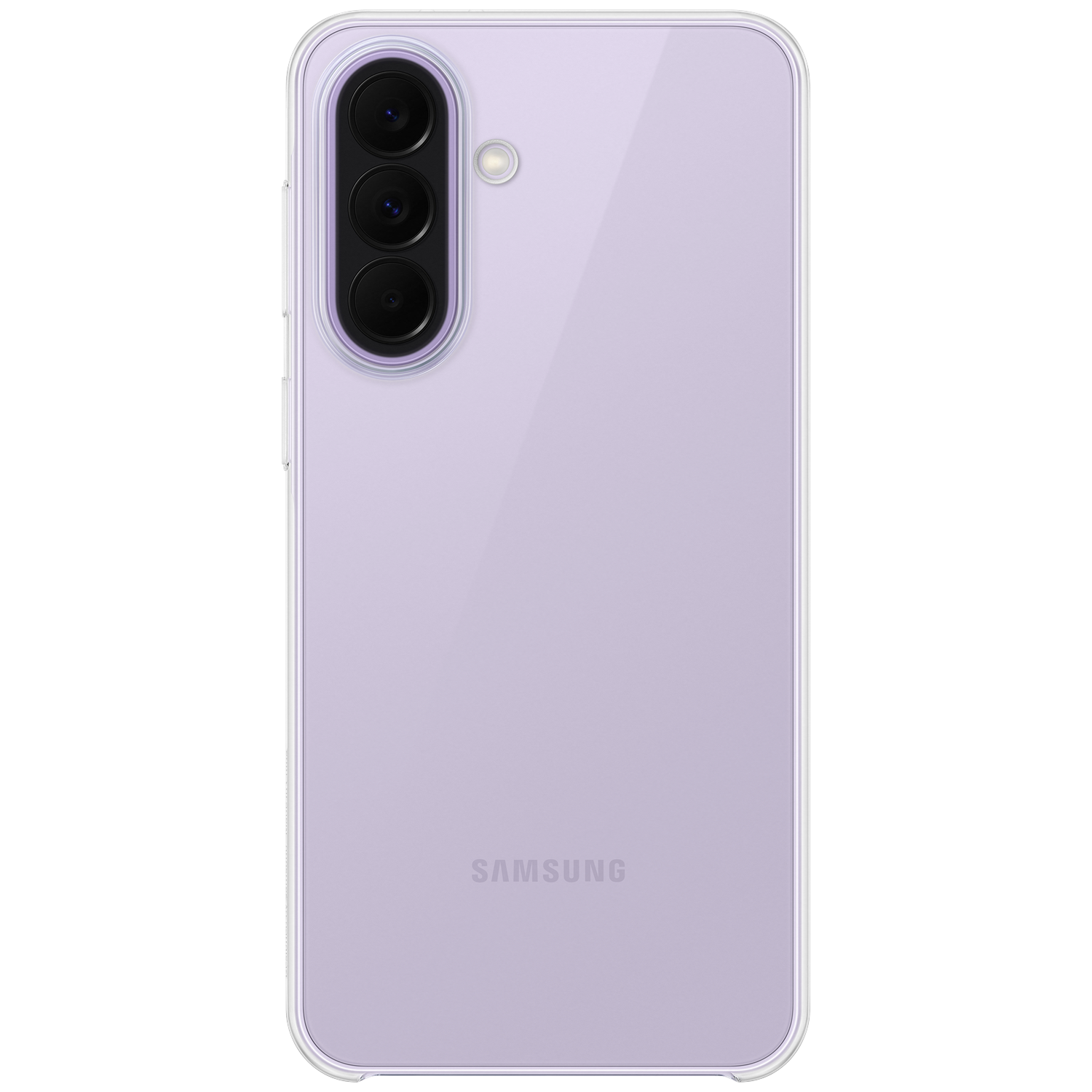 Smartphone Samsung violet avec trois caméras et un flash sur fond noir.