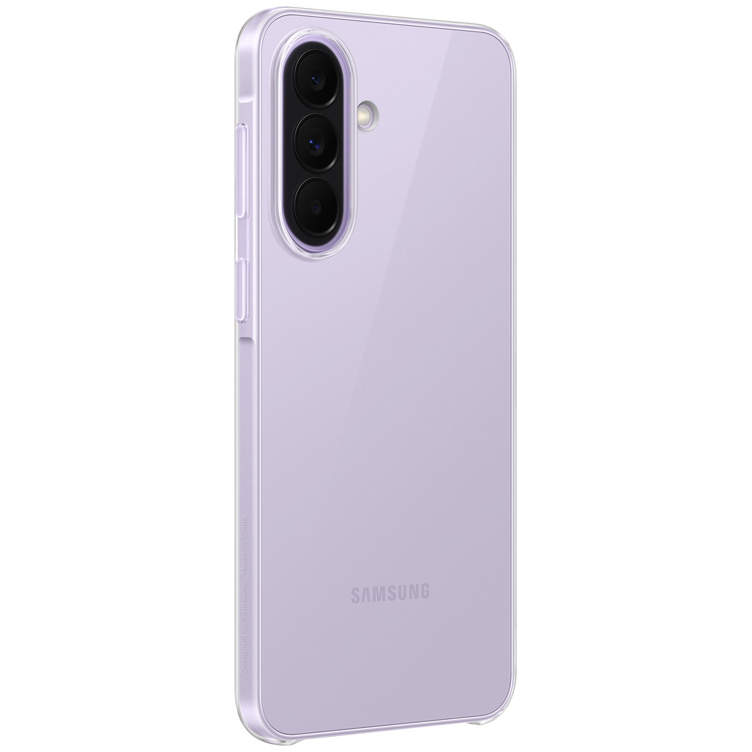 Une coque de protection transparente recouvre un téléphone Samsung violet clair. Le module caméra a trois objectifs.