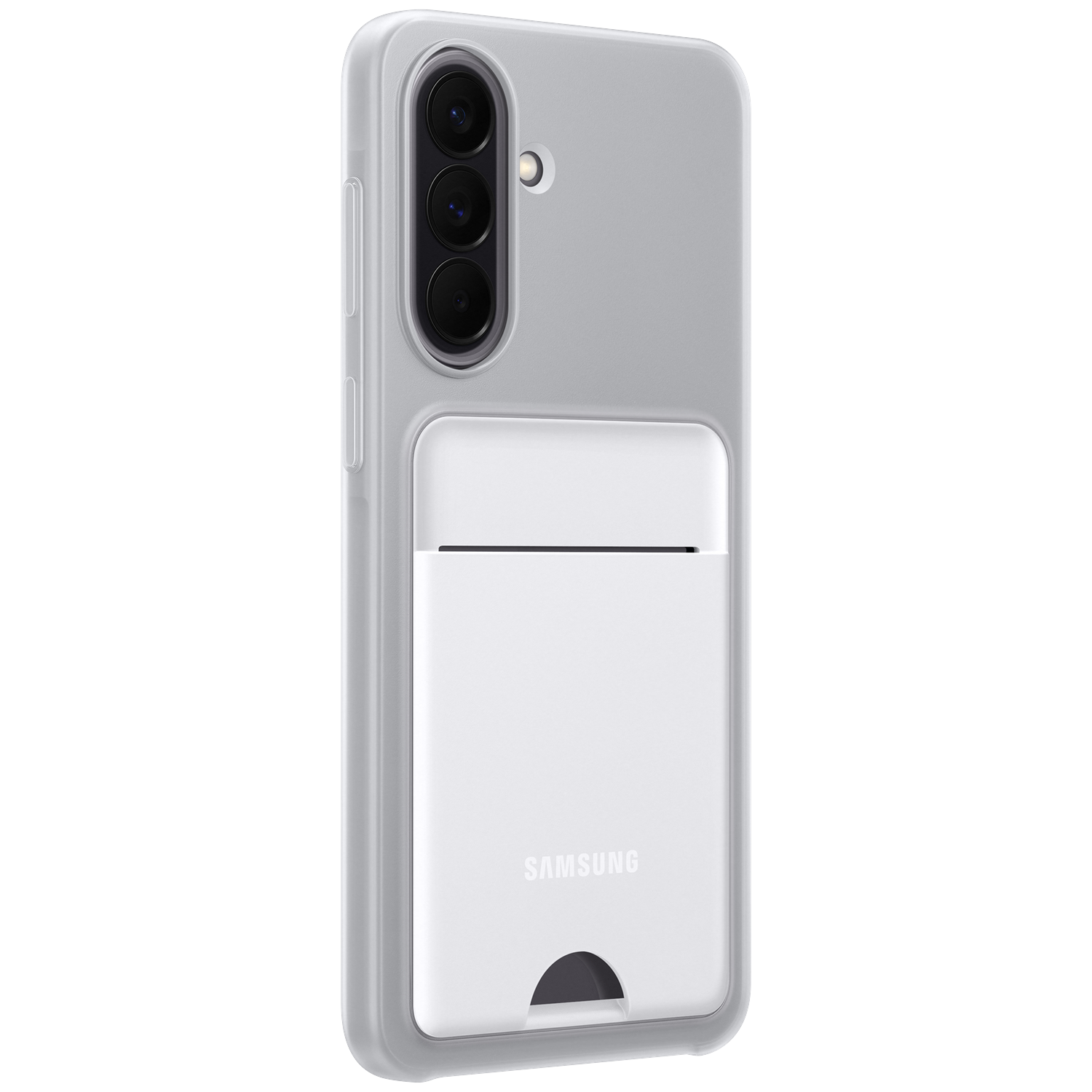 Coque grise Samsung avec emplacement pour carte blanc au dos.