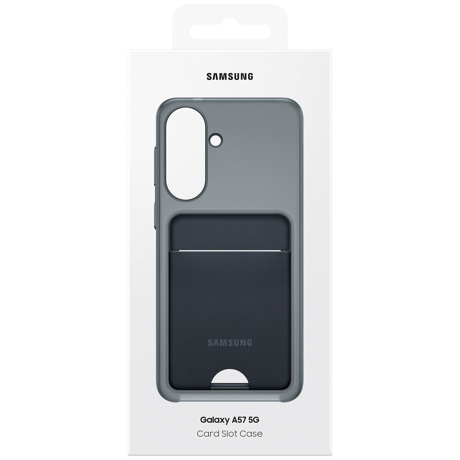 Étui Samsung Galaxy A57 5G avec fente pour carte, emballage gris.