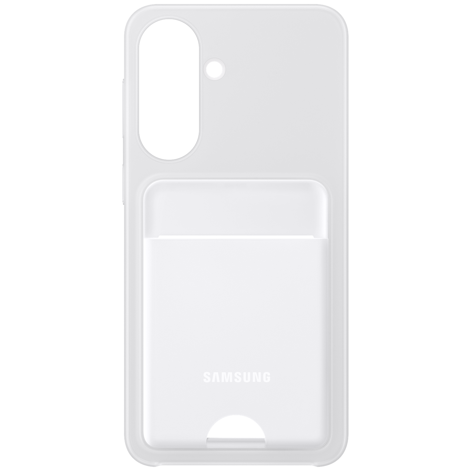 Une coque blanche Samsung pour téléphone avec fente pour carte et découpe caméra.