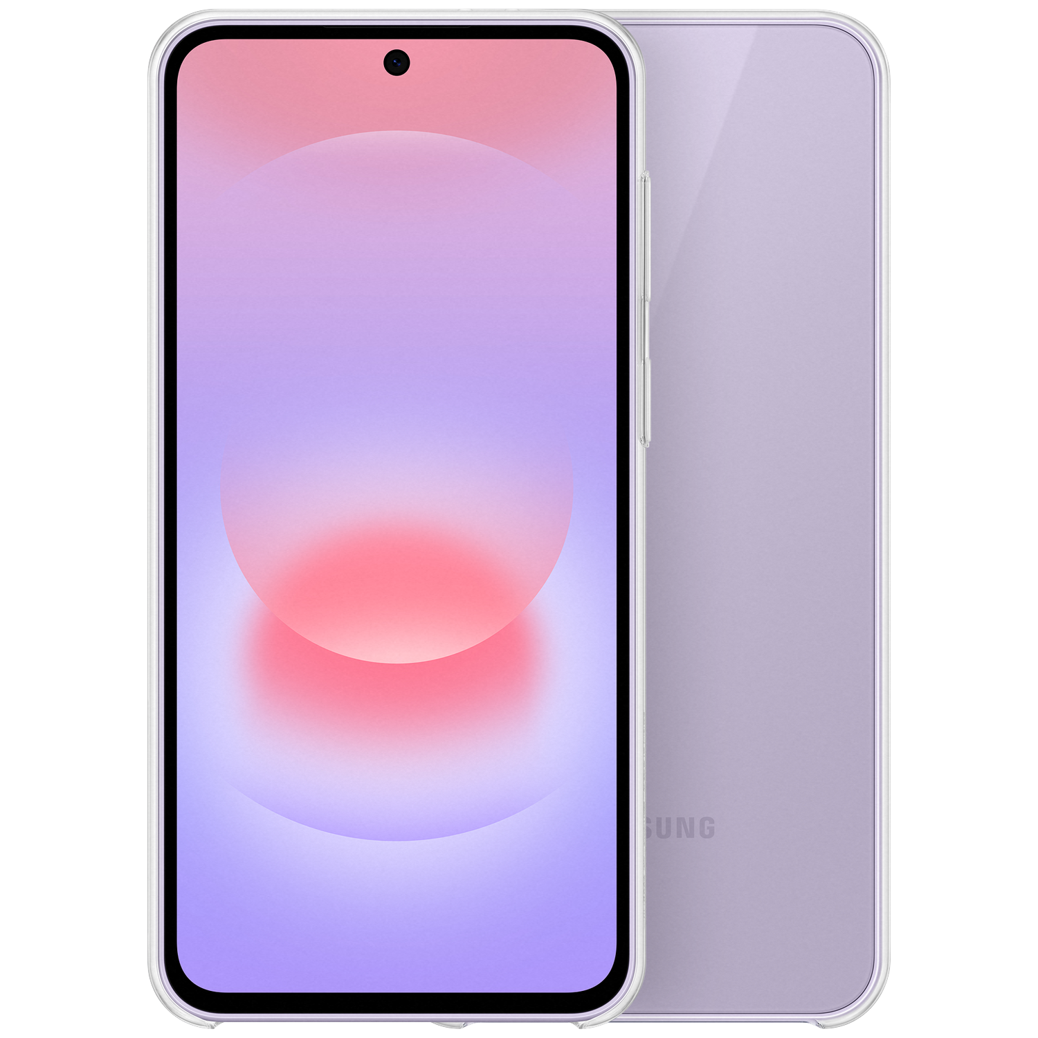 Un smartphone violet dans un étui transparent, avec un écran coloré aux formes abstraites.