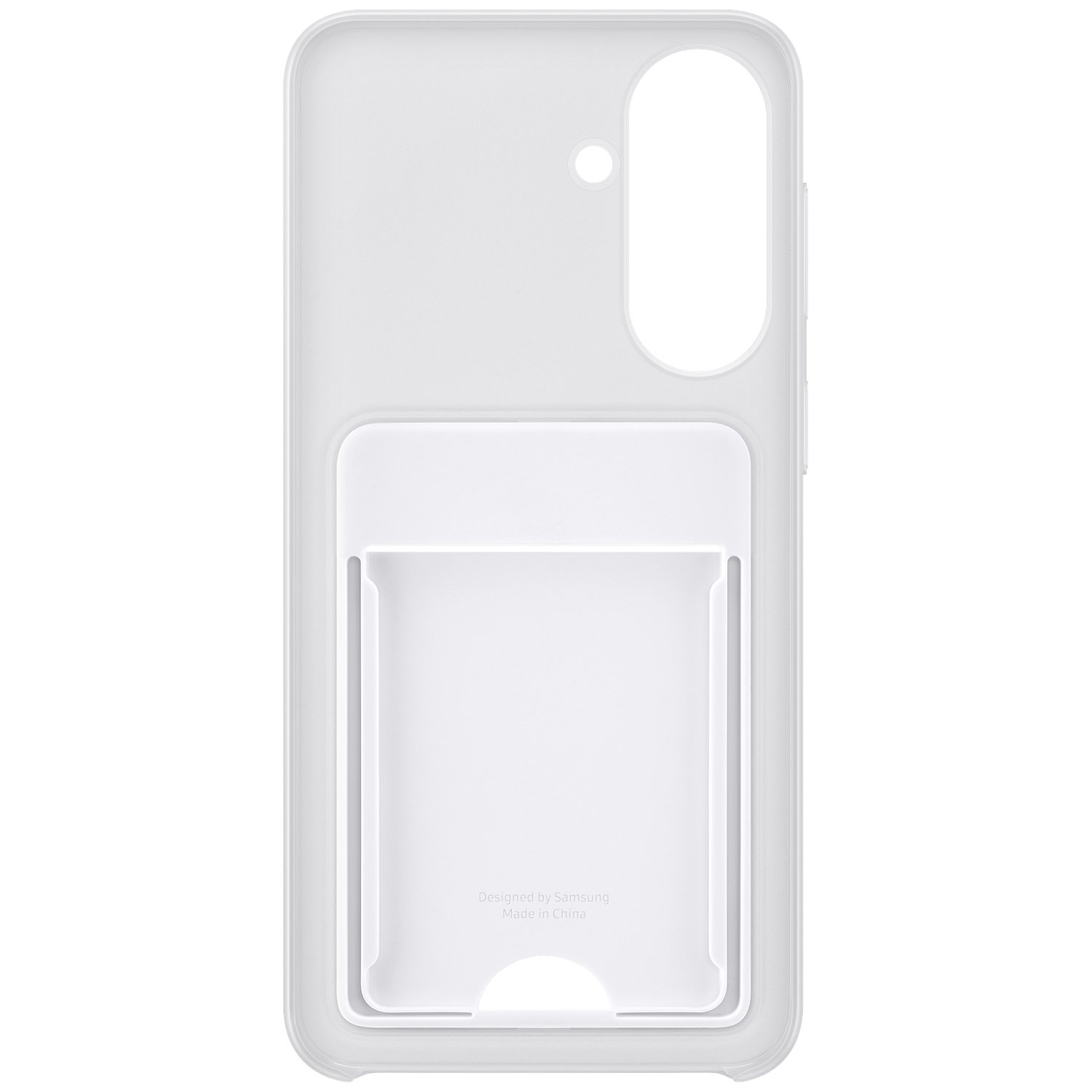 Coque blanche pour téléphone avec fente pour carte et découpe caméra.
