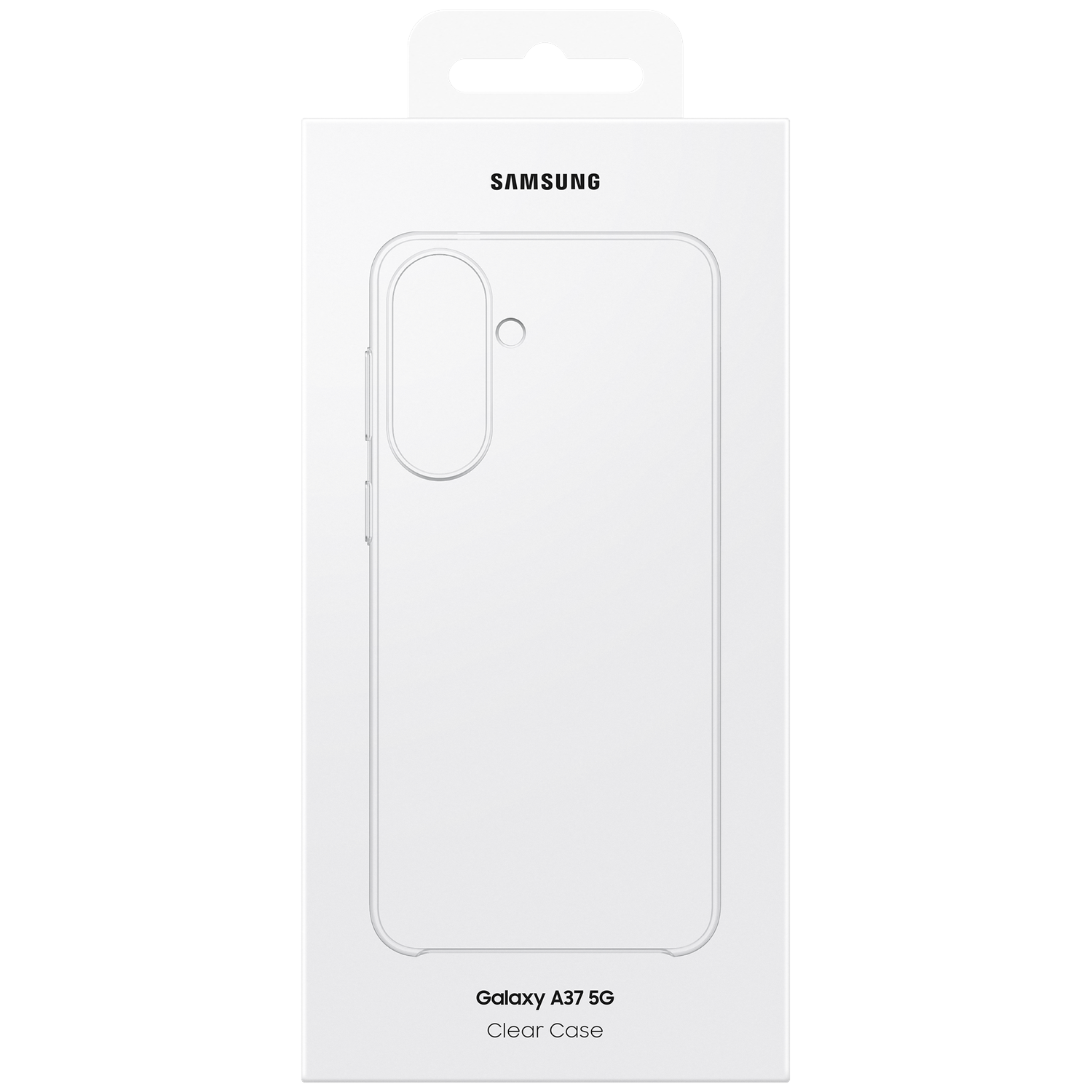 Coque Samsung Galaxy A37 5G, protection transparente sur emballage blanc.
