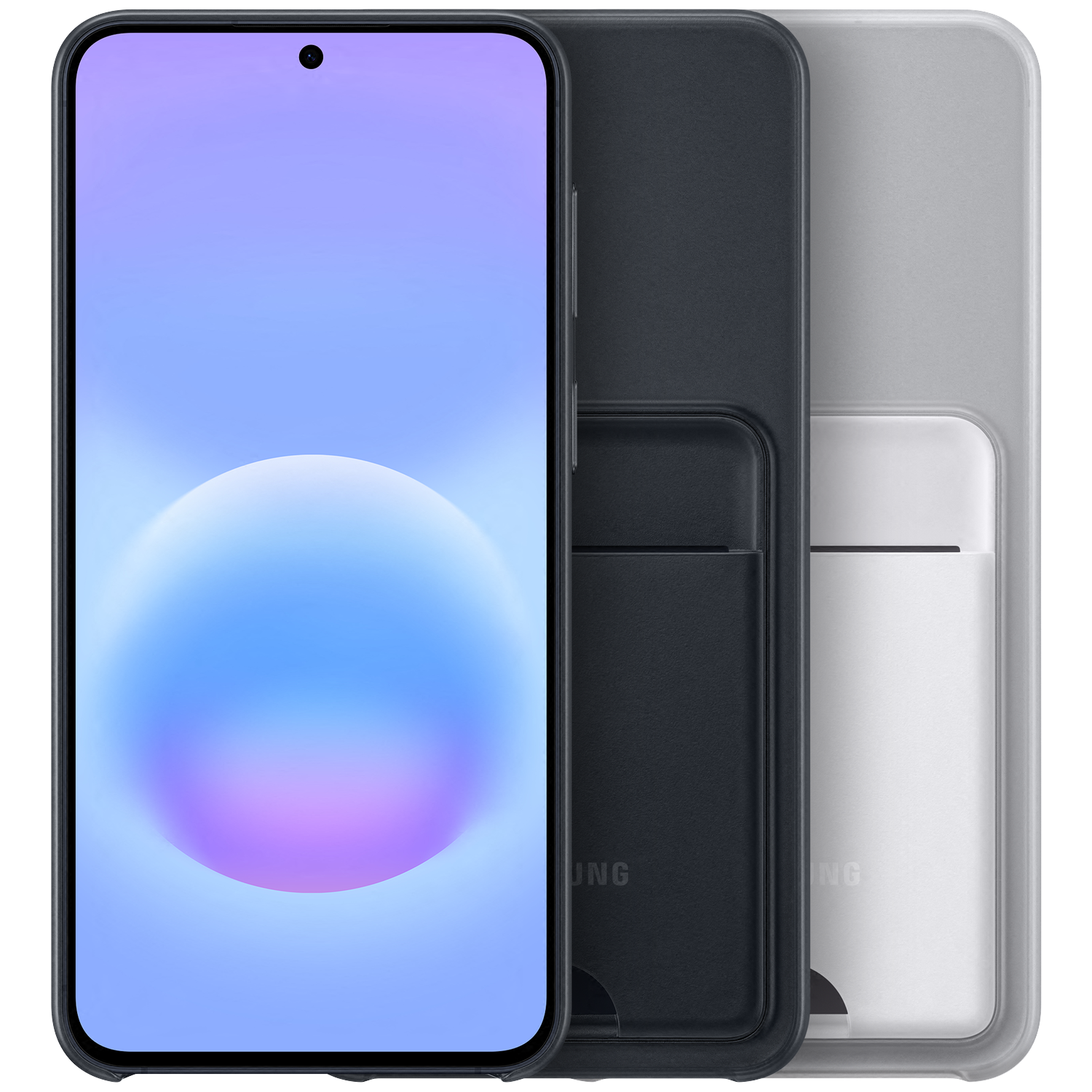 Un smartphone avec un fond bleu et violet et deux étuis de téléphone.