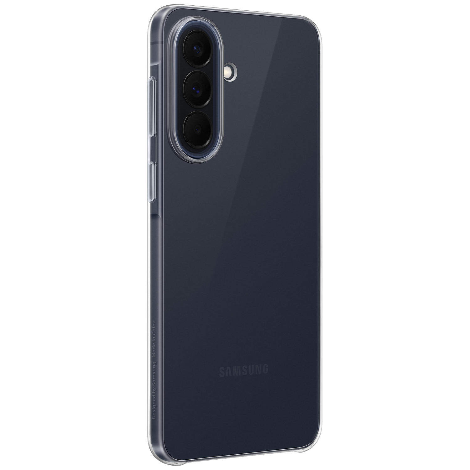 Een doorzichtige telefoonhoes met drie cameralenzen. "Samsung" logo zichtbaar.
